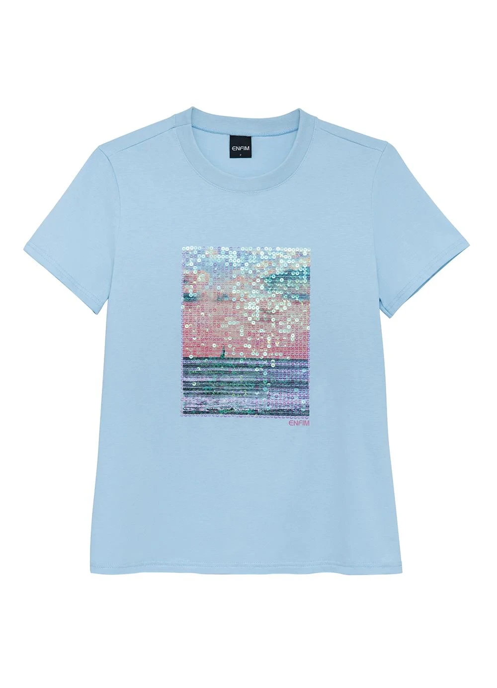 Enfim - Camiseta Barco a Vela em Paetê Azul Pastel