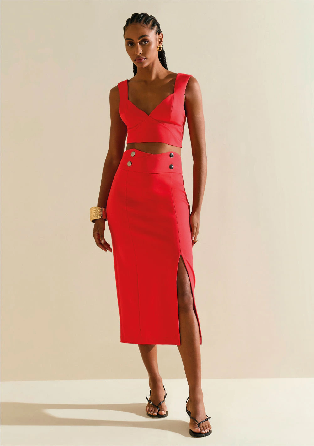 Saia Morena Rosa Reta Alta Midi Vermelho