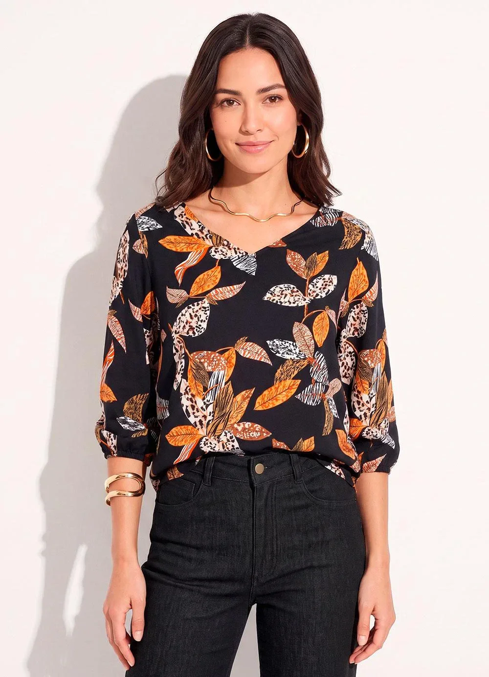 Quintess - Blusa Folhagem Animal Print em Crepe Plano