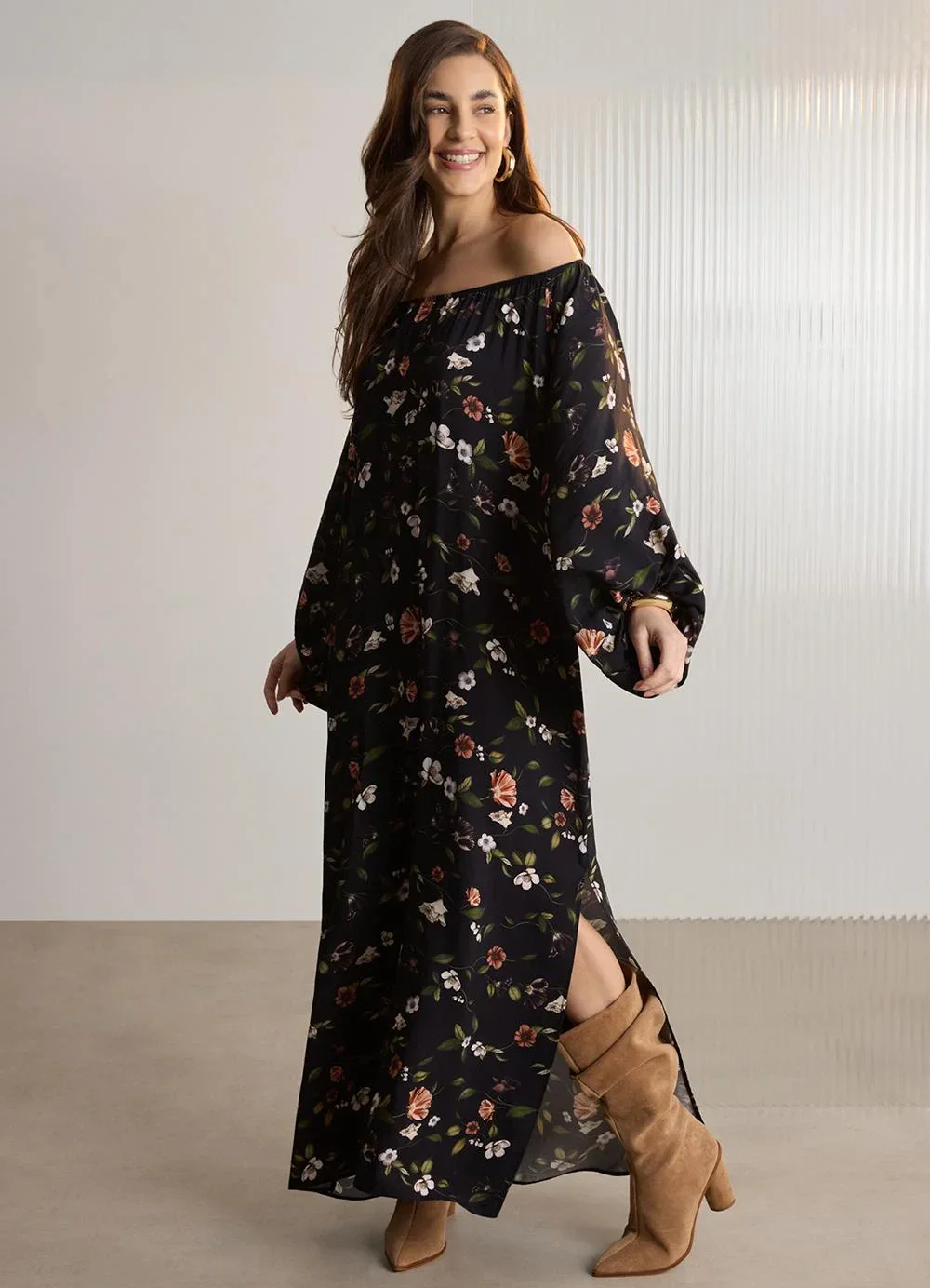 Lunender - Vestido Chá Estampado com Mangas 3/4 Preto