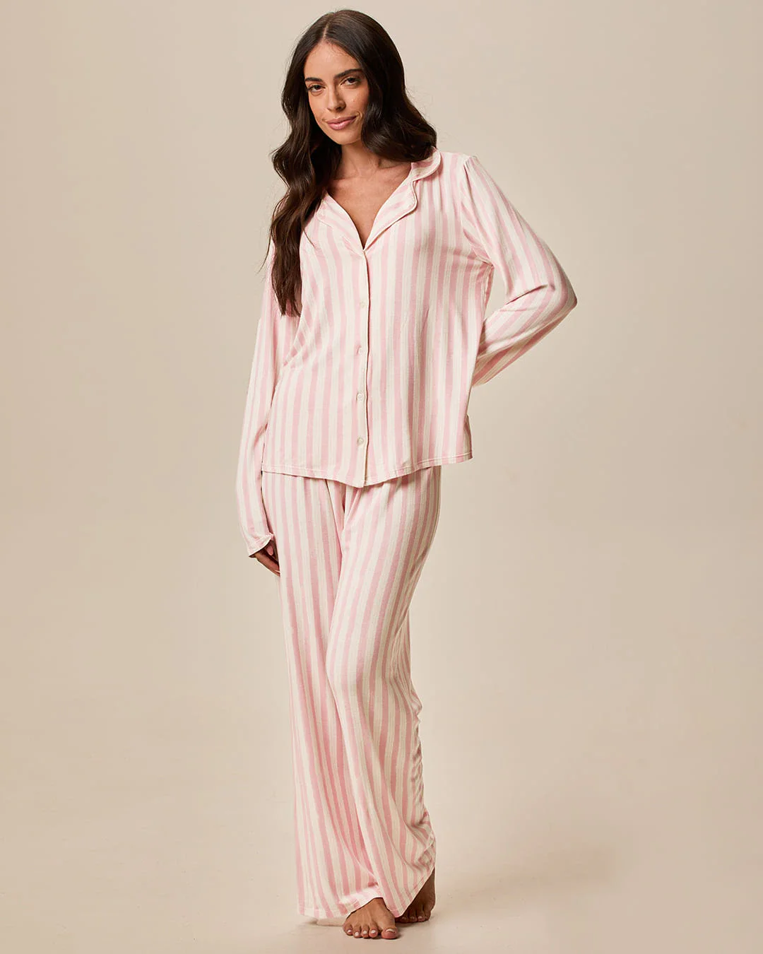 Pijama Longo Feminino Americano Estampa Listrada em Viscose Stretch