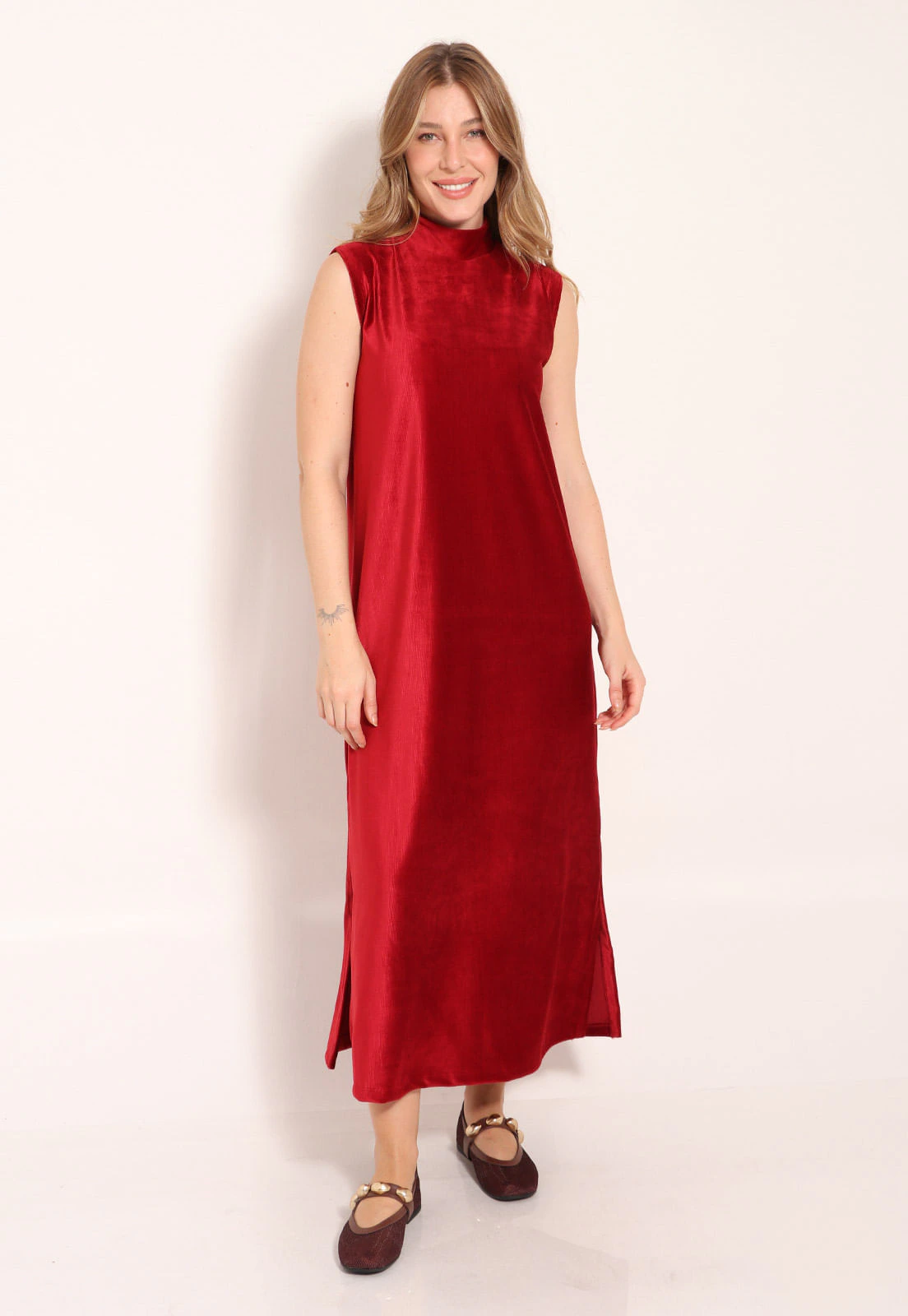 Vestido Malha Cotelê Midi Gola Alta