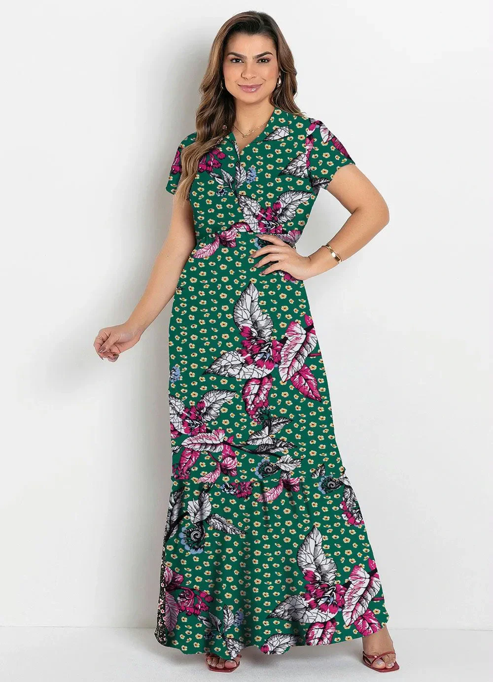 Rosalie - Vestido com Gola Floral Verde