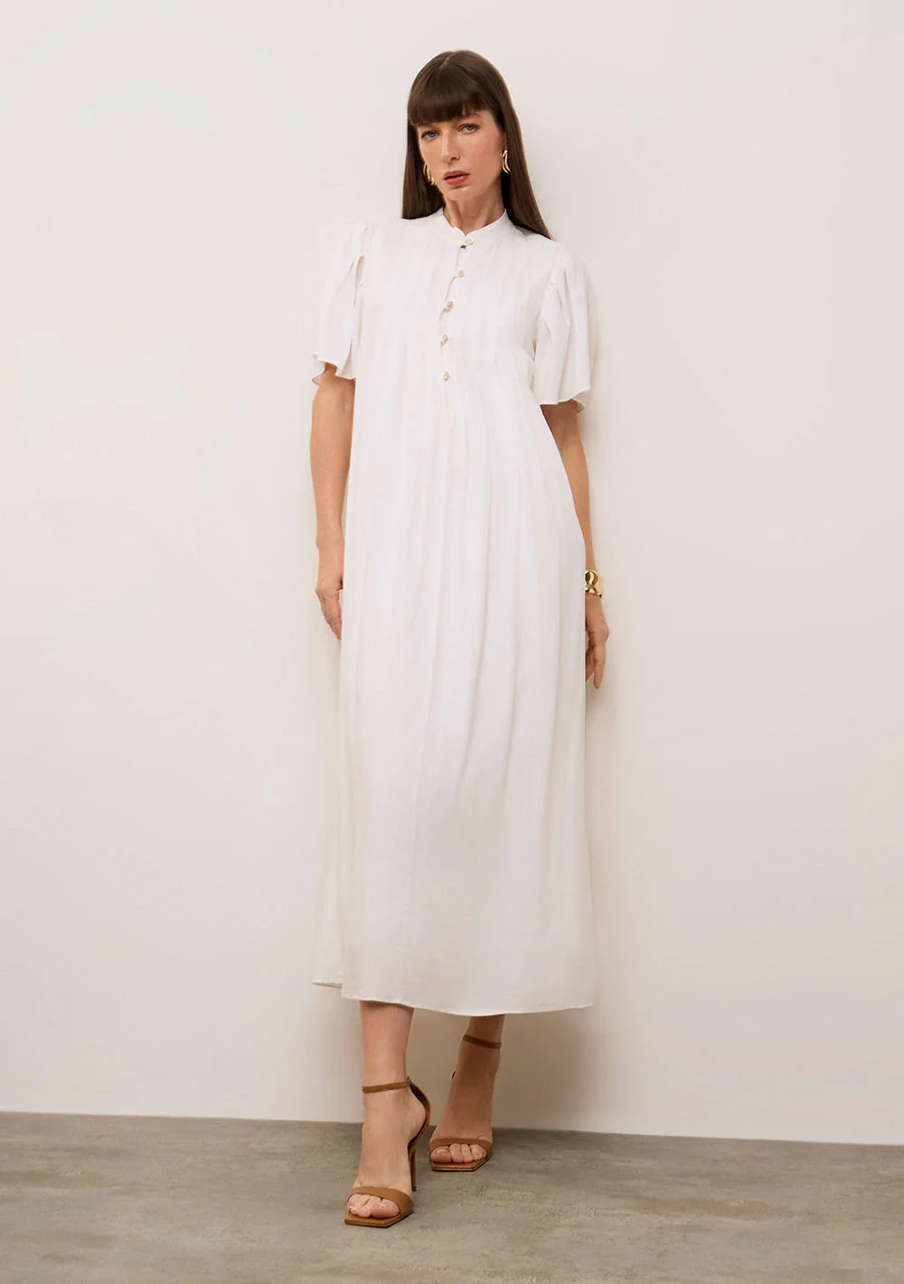 Vestido Iódice Solto Gola Padre Manga Curta Midi Off White