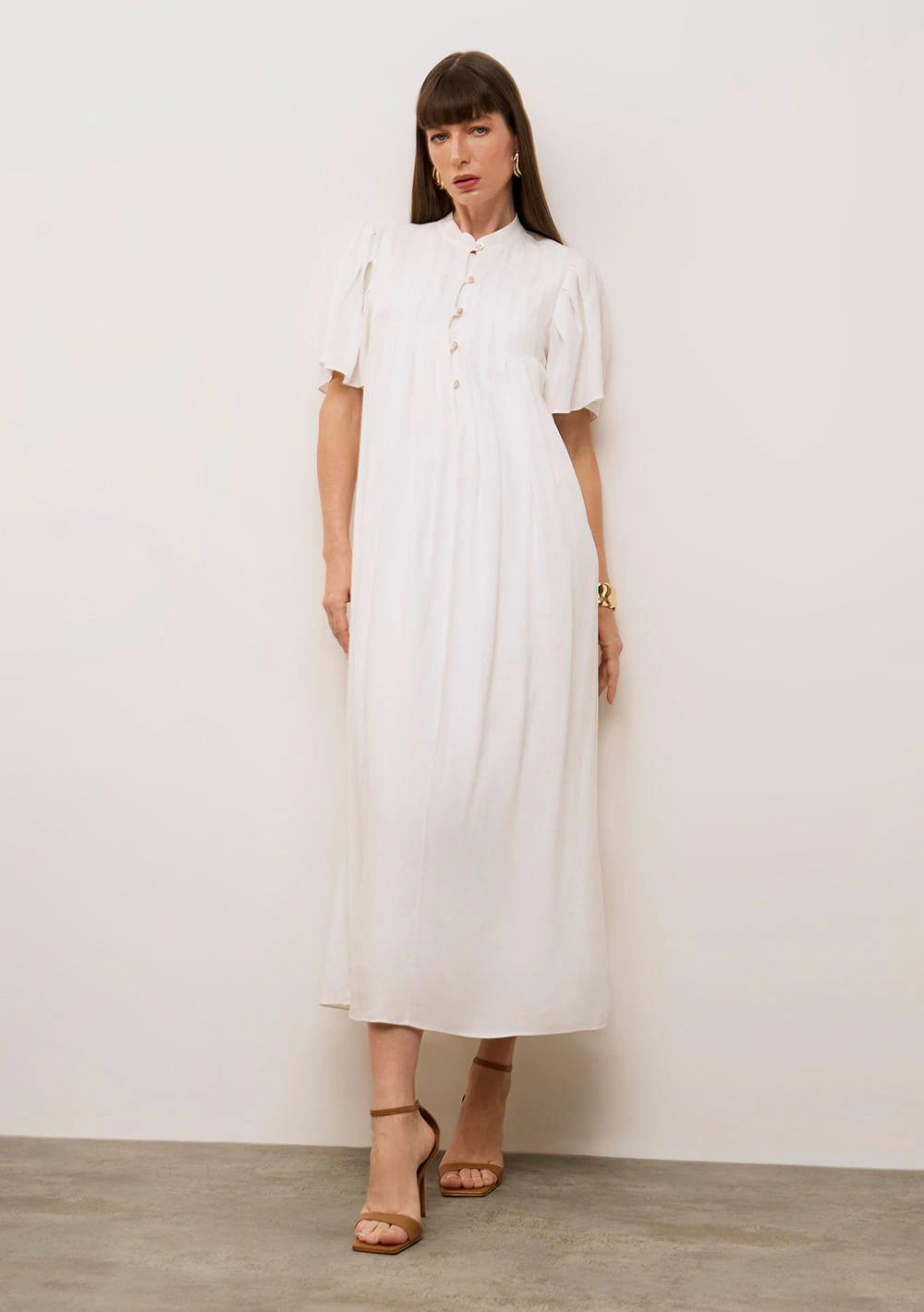 Vestido Iódice Solto Gola Padre Manga Curta Midi Off White