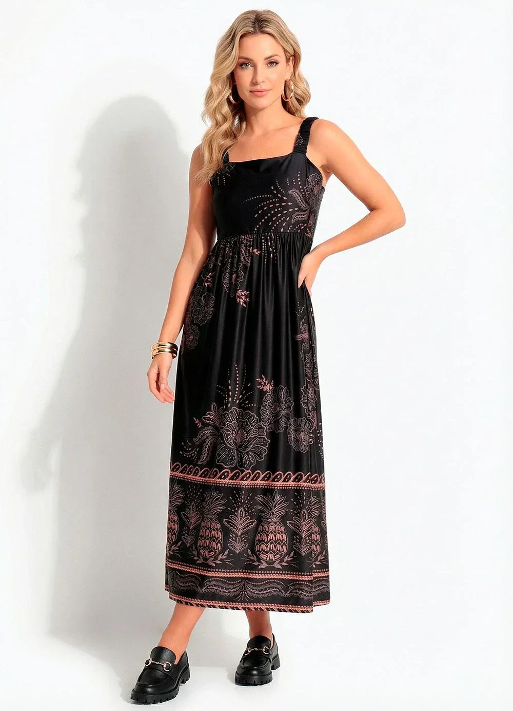 Quintess - Vestido Abacaxi Tropical Preto em Malha Fria
