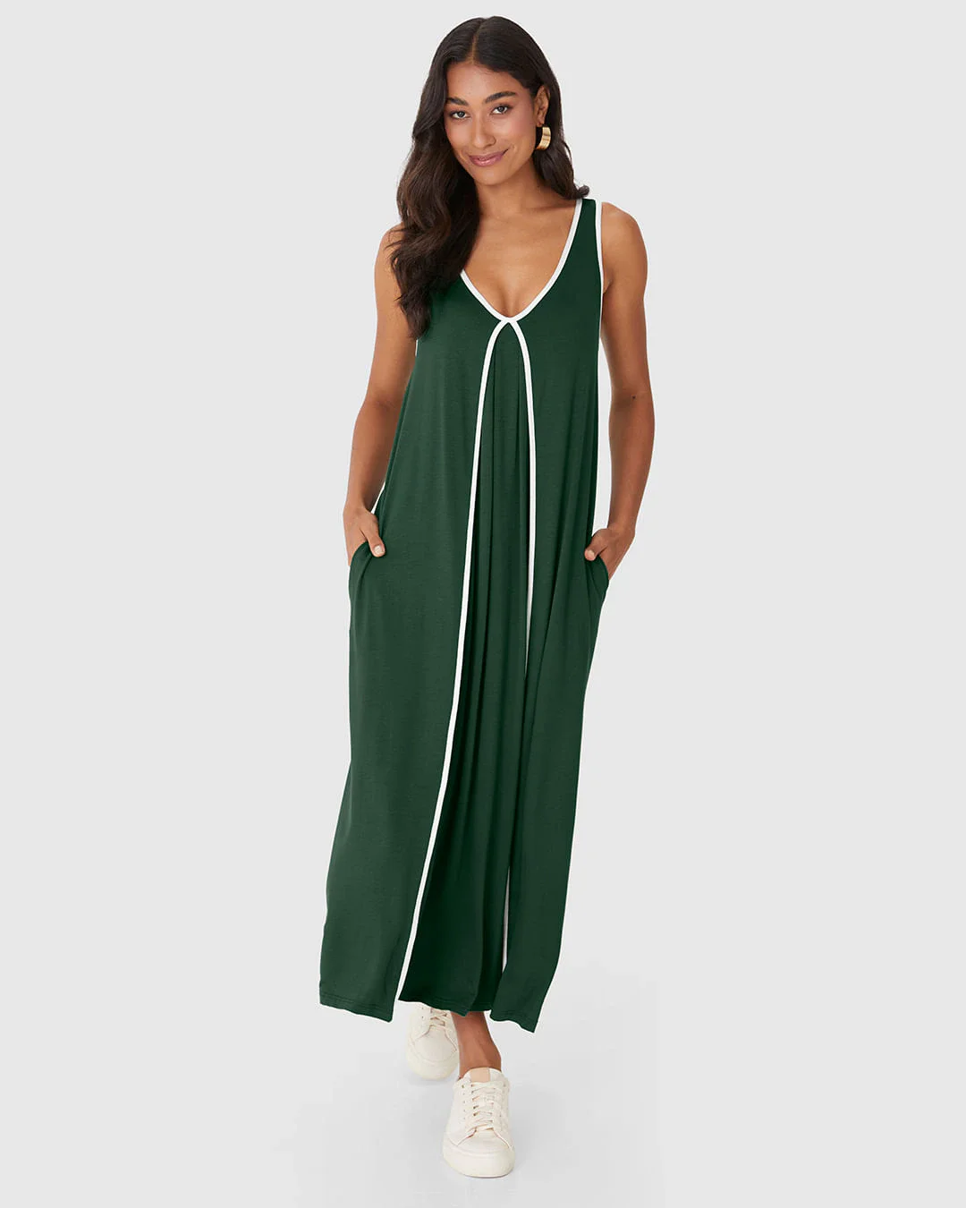 Vestido Midi Feminino Evasê Detalhe Costura Contraste Em Viscose Stretch