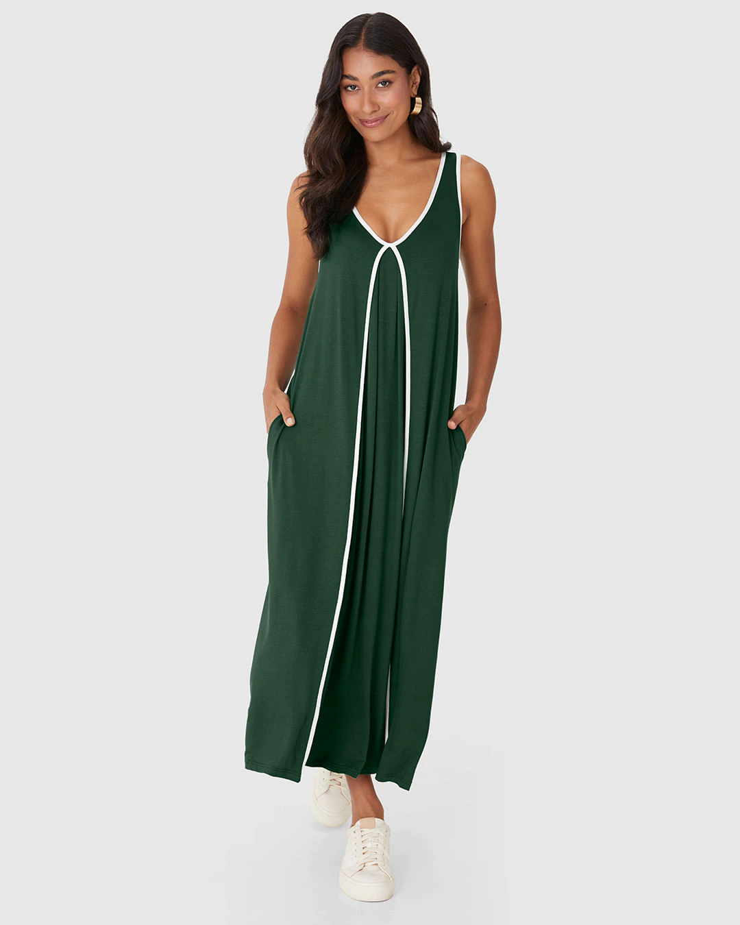 Vestido Midi Feminino Evasê Detalhe Costura Contraste Em Viscose Stretch