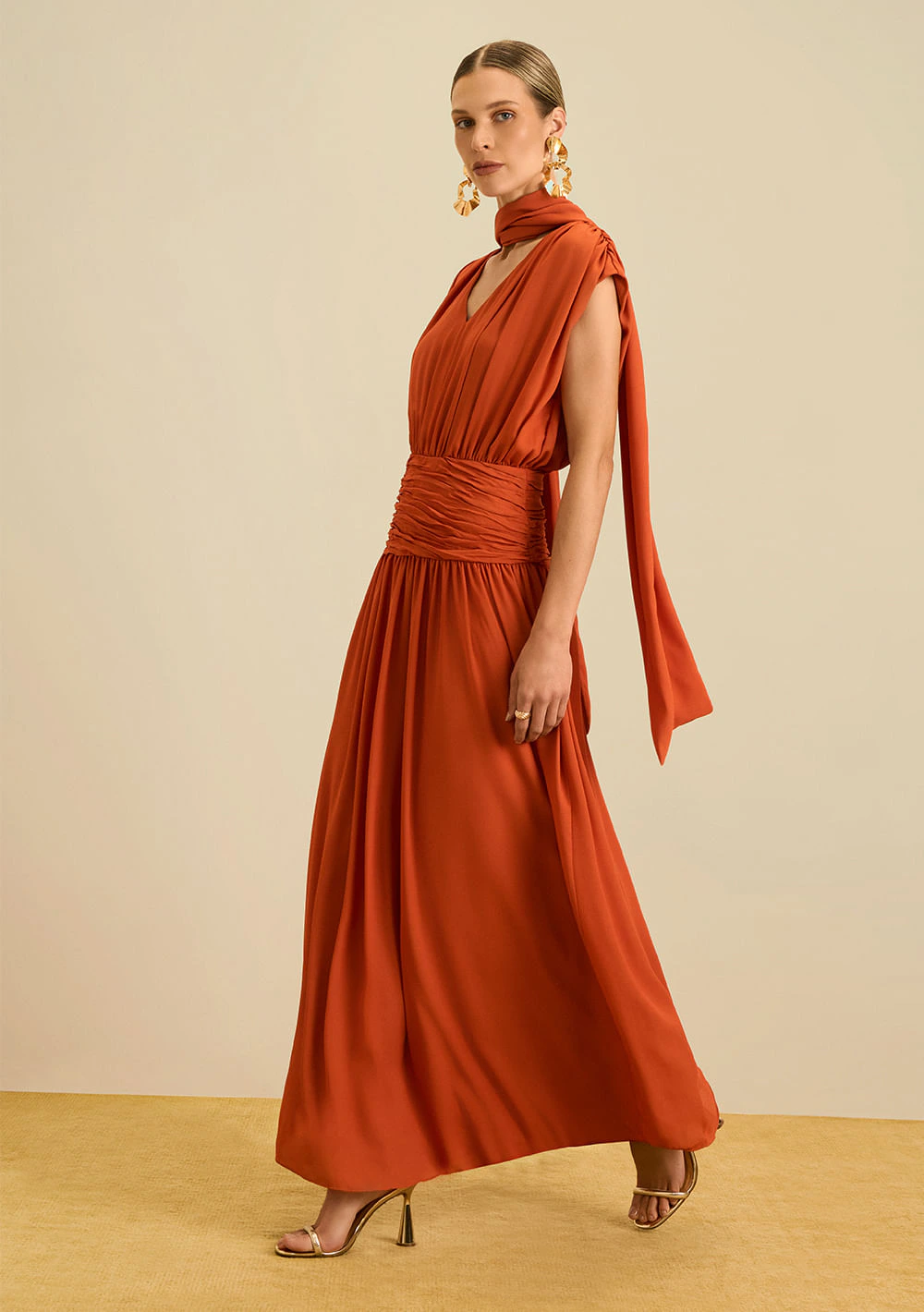 Vestido Maria.Valentina Solto Decote V Sem Manga Longo Laranja