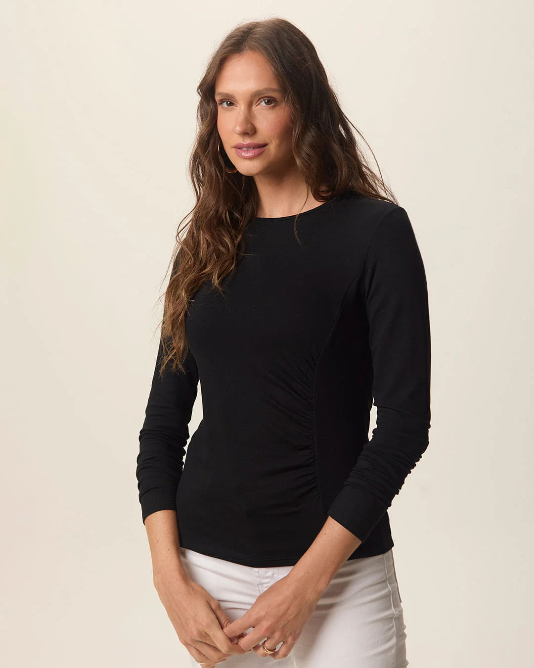 Blusa Feminina Manga Longa Franzido Frontal Em Moletinho De Viscose