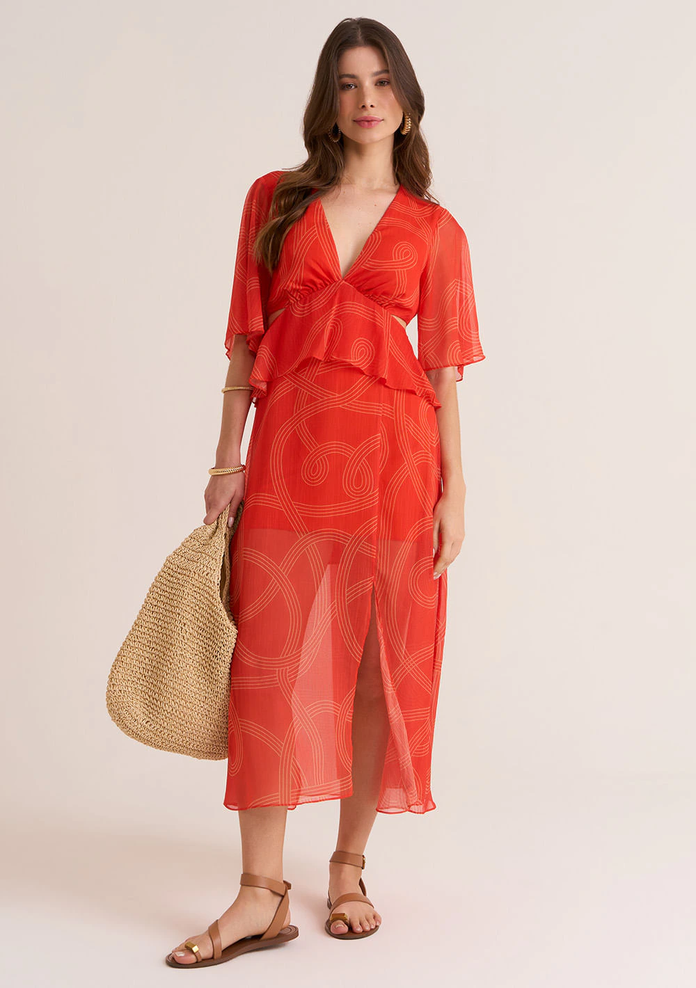 Vestido Zinco Midi Decote V Abertura Lateral Laranja