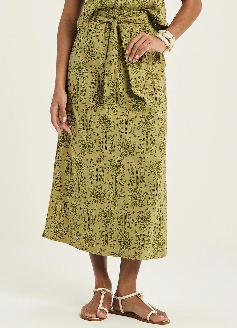 Marialícia - Saia Midi Feminina Tropical Devorê Verde
