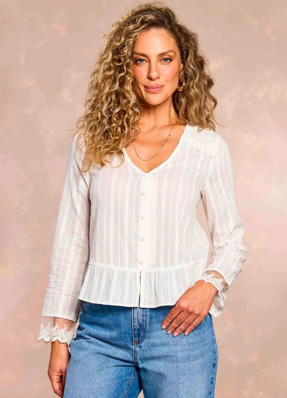Doce Trama - Blusa de Manga Longa Jardim Boho Branco