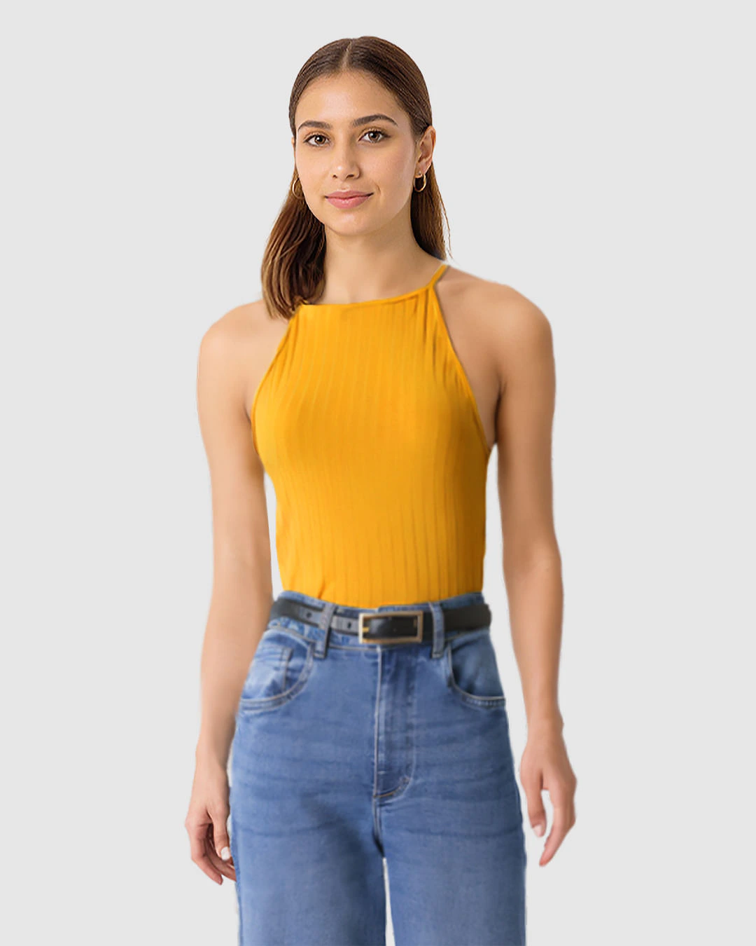 Regata Feminina Decote Halter Alça Fina Em Malha Viscose Canelada