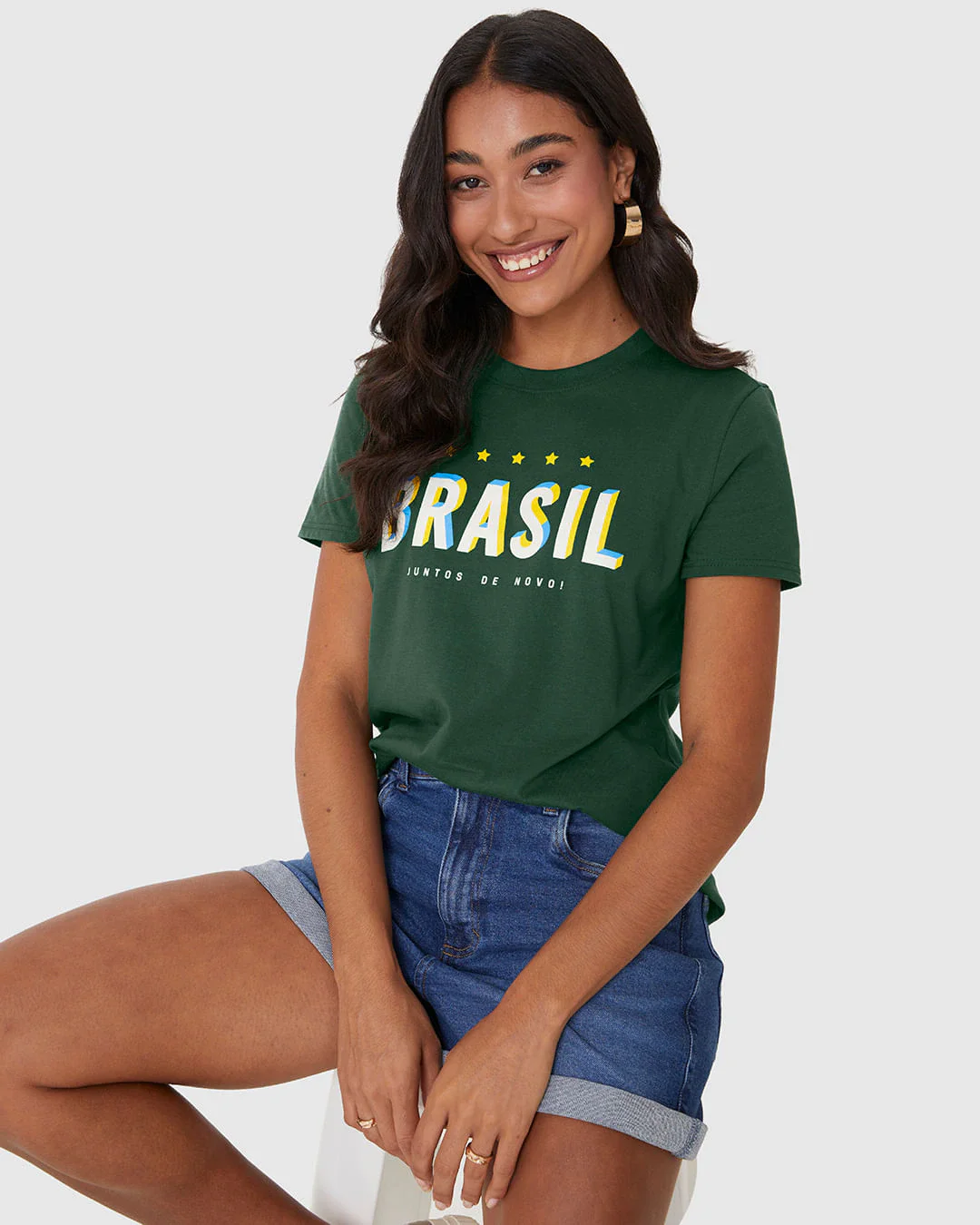 Camiseta Feminina Estampa Esportiva Brasil Juntos De Novo! Em Algodão