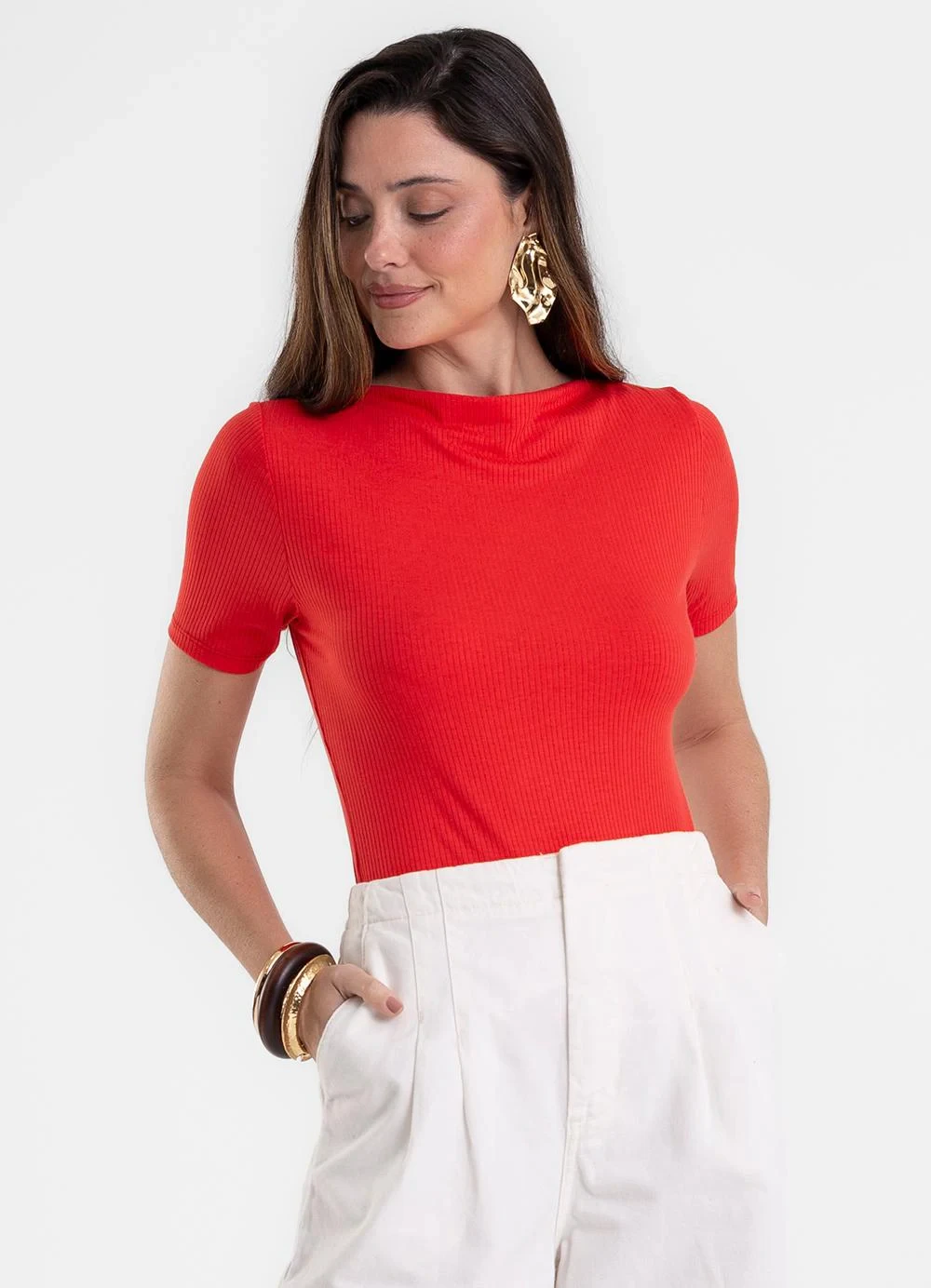 Rovitex - Blusa Feminina Decote Canoa em Ribana Vermelho