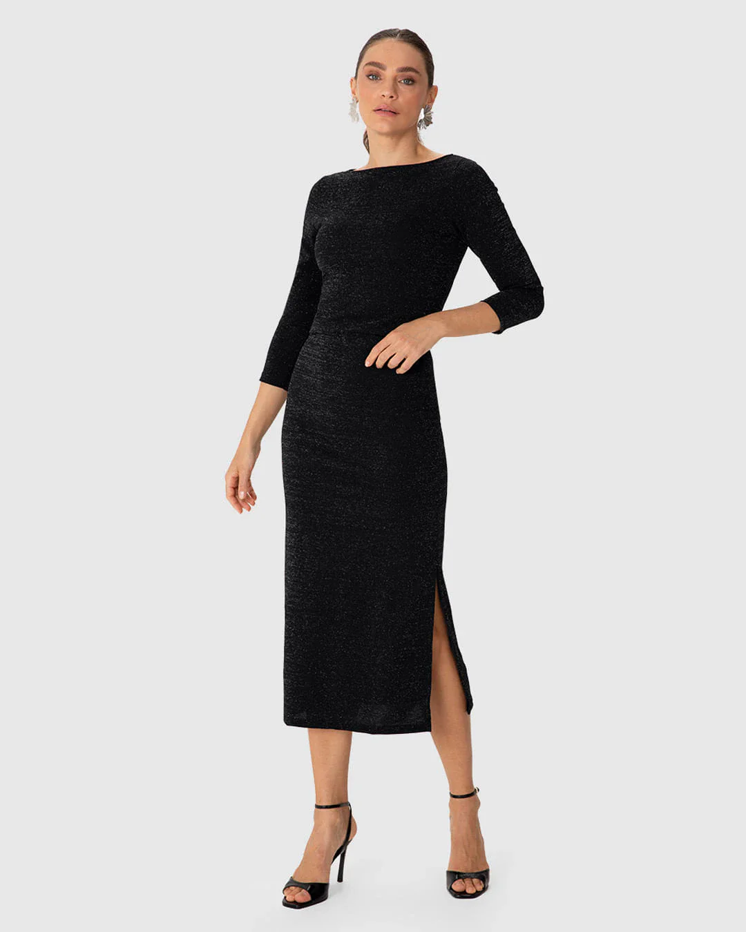 Saia Midi Feminina Reta Fenda Lateral Em Malha Crepe Lurex - ENFIM