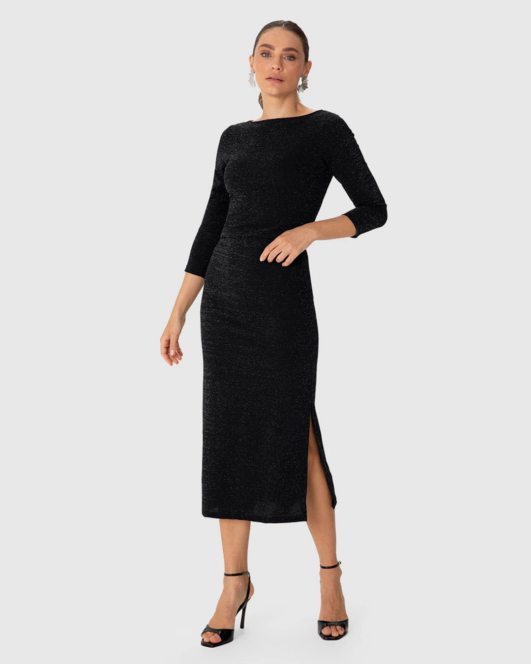 Saia Midi Feminina Reta Fenda Lateral Em Malha Crepe Lurex - ENFIM