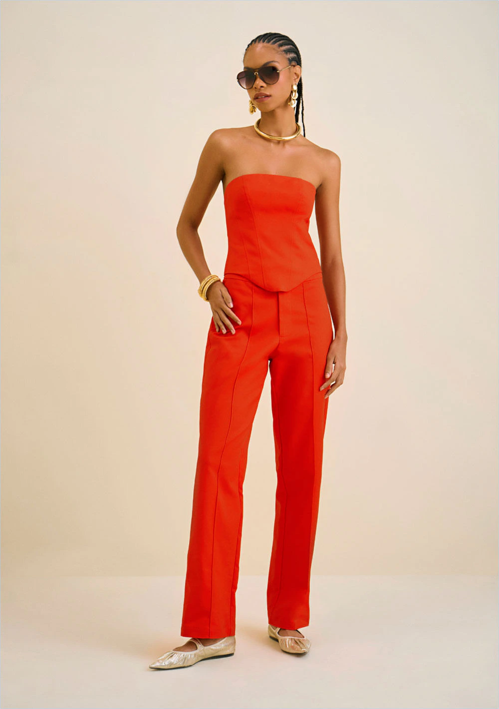 Calça Morena Rosa Reta Cós Alto Detalhe Cós Vermelho
