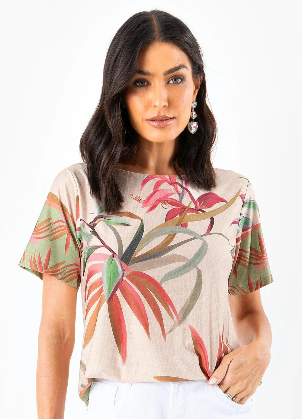 Quintess - Blusa Folhagem Off White em Malha Fria