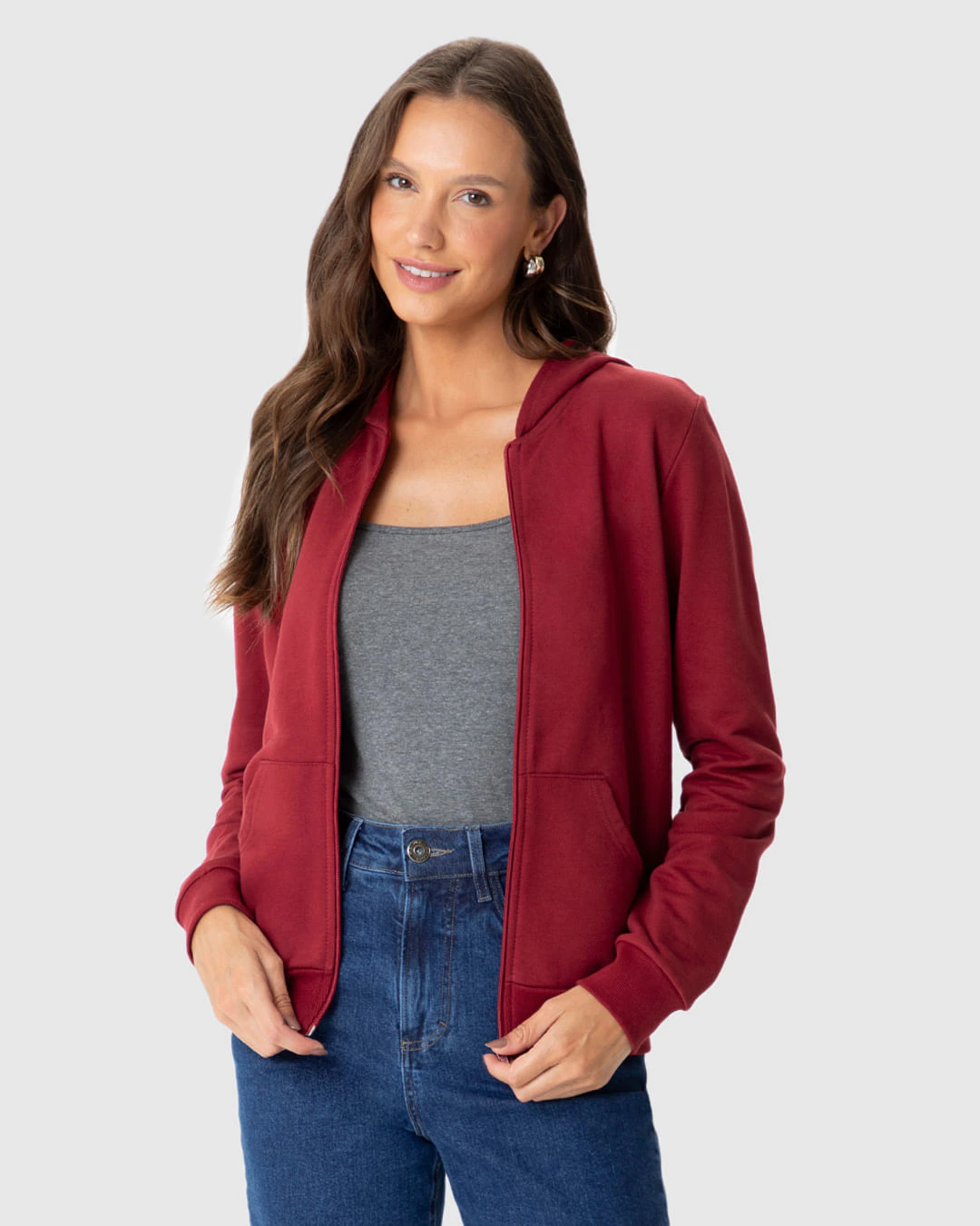 Jaqueta Básica Feminina Com Capuz Moletom Flanelado