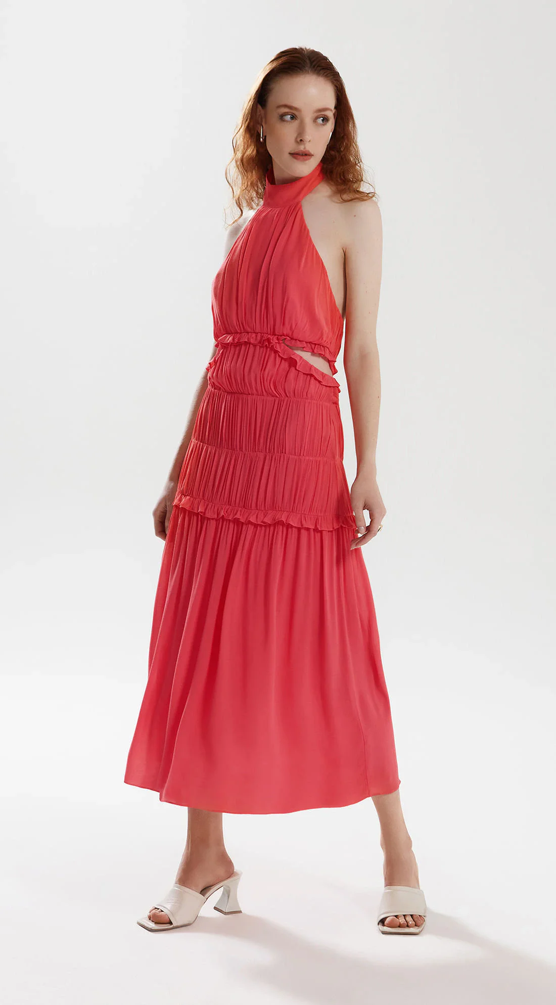 Vestido Iódice Midi Gola Alta Com Franzido Laranja