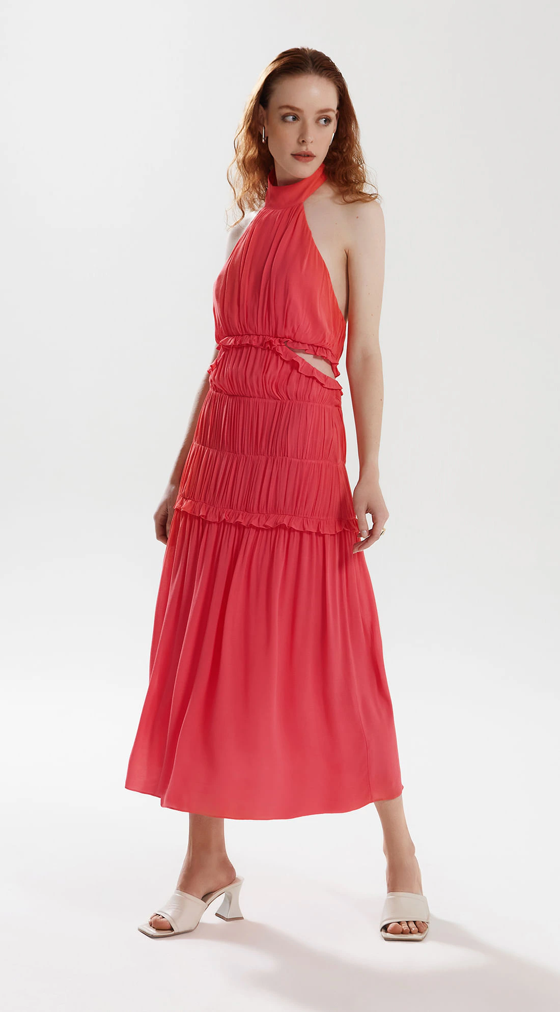 Vestido Iódice Midi Gola Alta Com Franzido Laranja