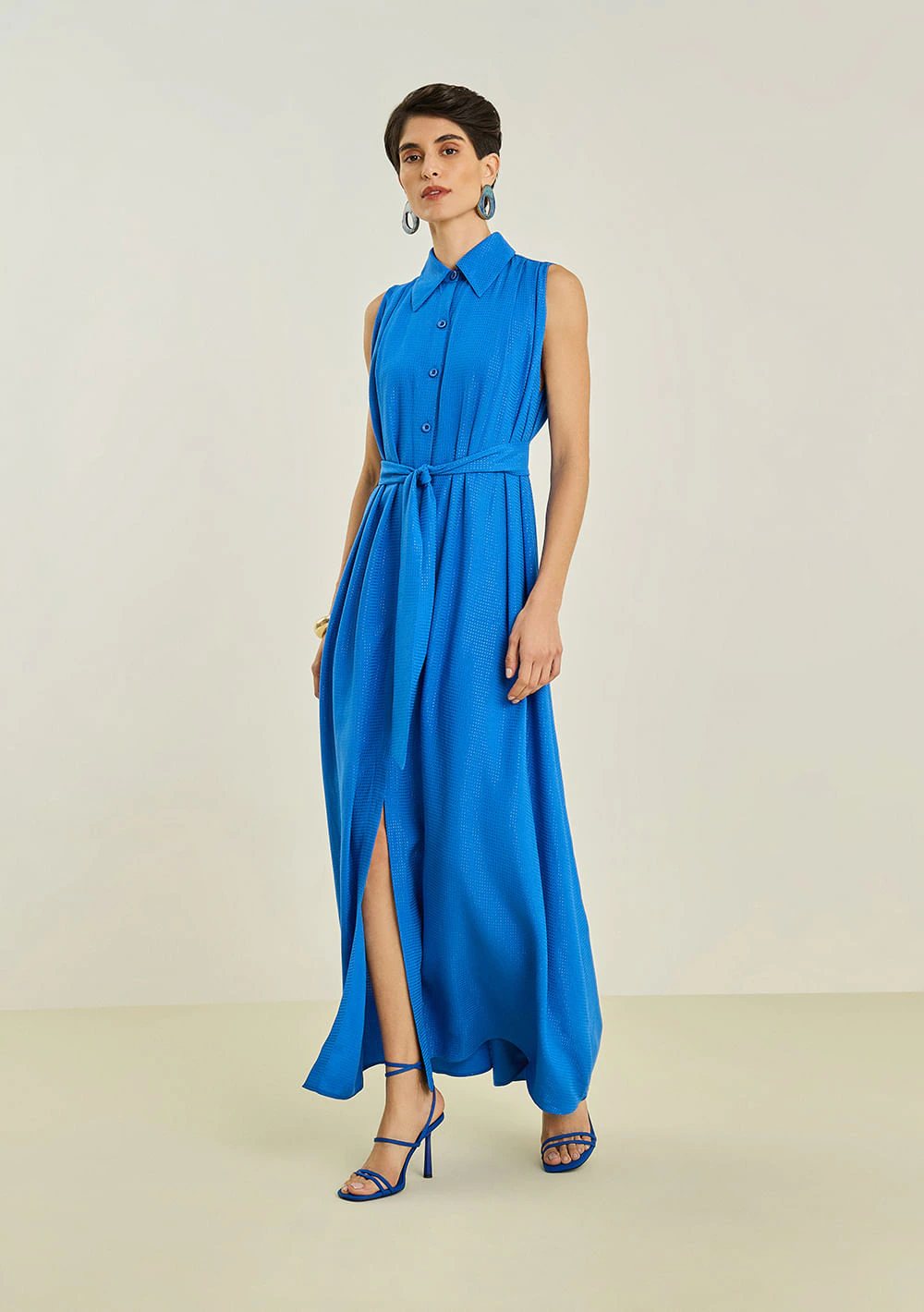 Vestido Maria.Valentina Solto Gola Clássica Sem Manga Longo Azul