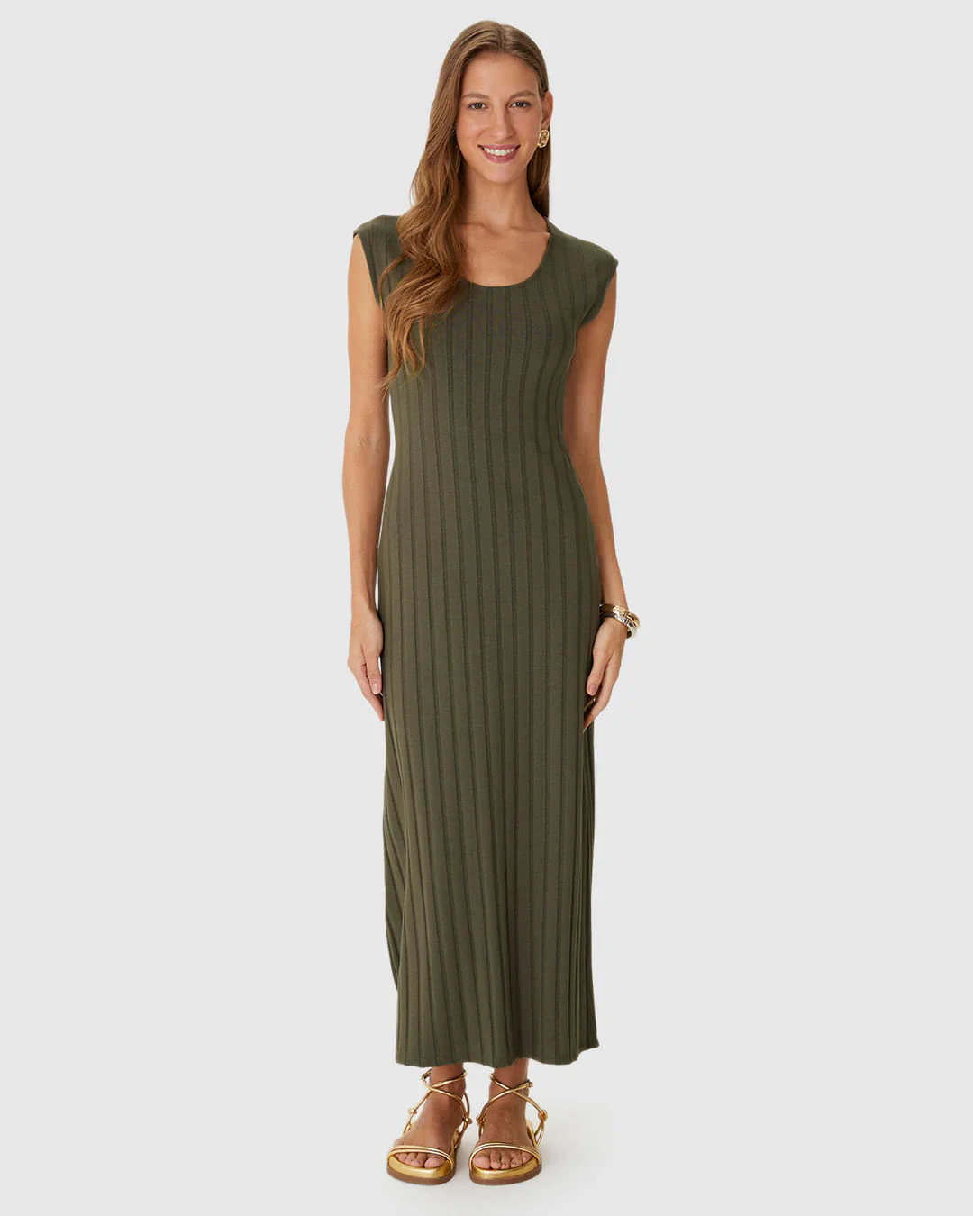 Vestido Midi Feminino Acinturado Em Malha Viscose Canelada