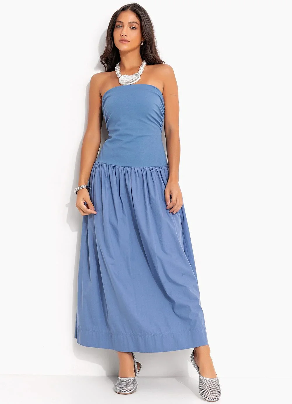 Farm - Vestido Saia Franzido Azul