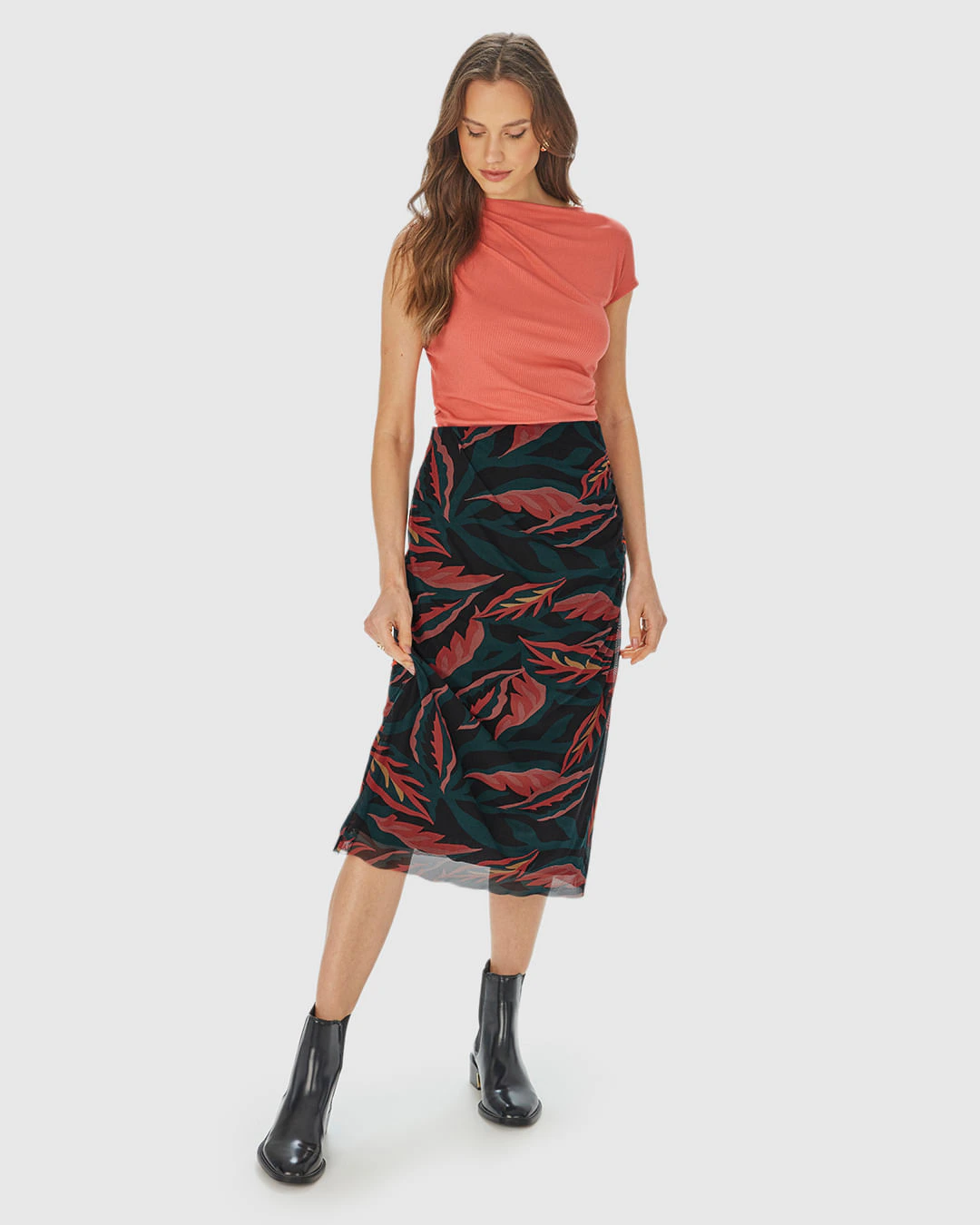 Saia Reta Feminina Folhagem Fenda Lateral Em Tule Stretch