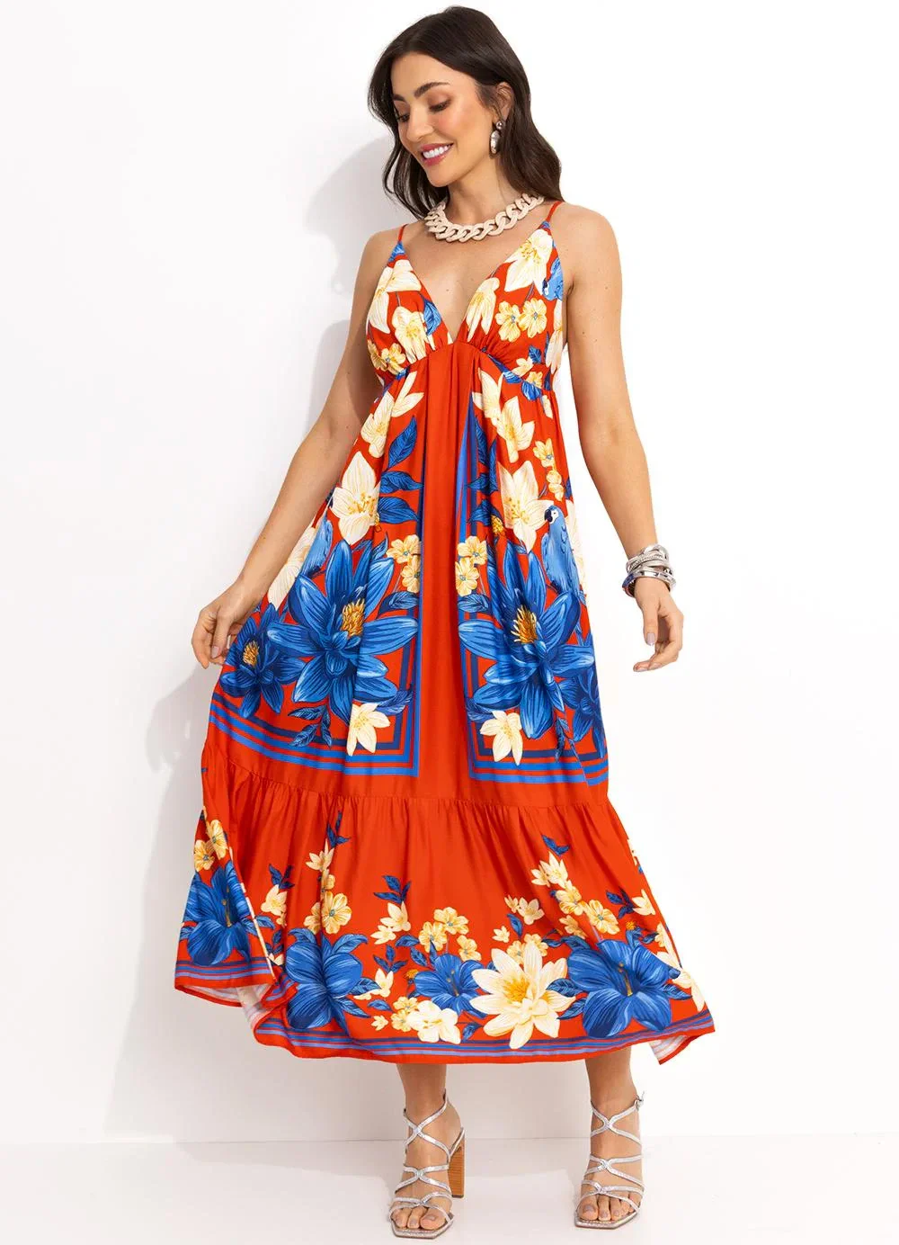Farm - Vestido Longo Cropped em Viscose Vermelho