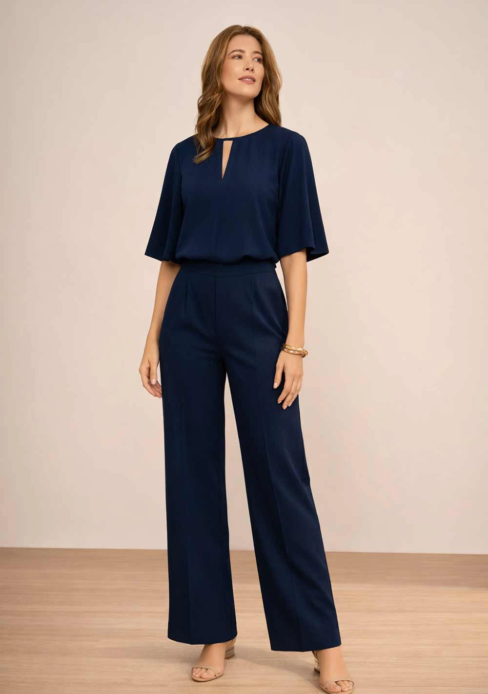 Conjunto Maria.Valentina Blusa Manga 3 Quartos Calça Reta Cintura Alta Azul Escuro