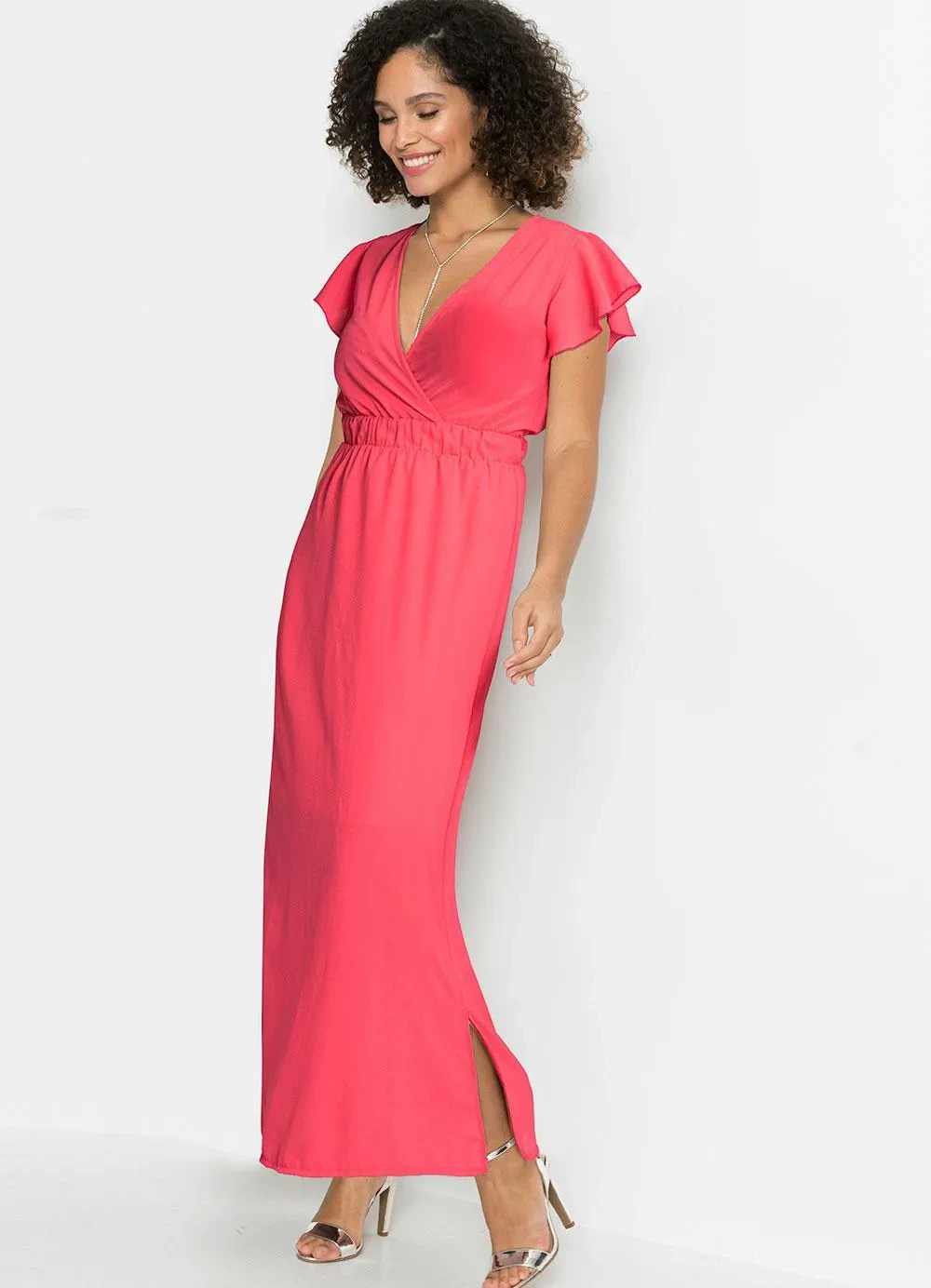 bonprix - Vestido Longo Manga com Babado Rosa