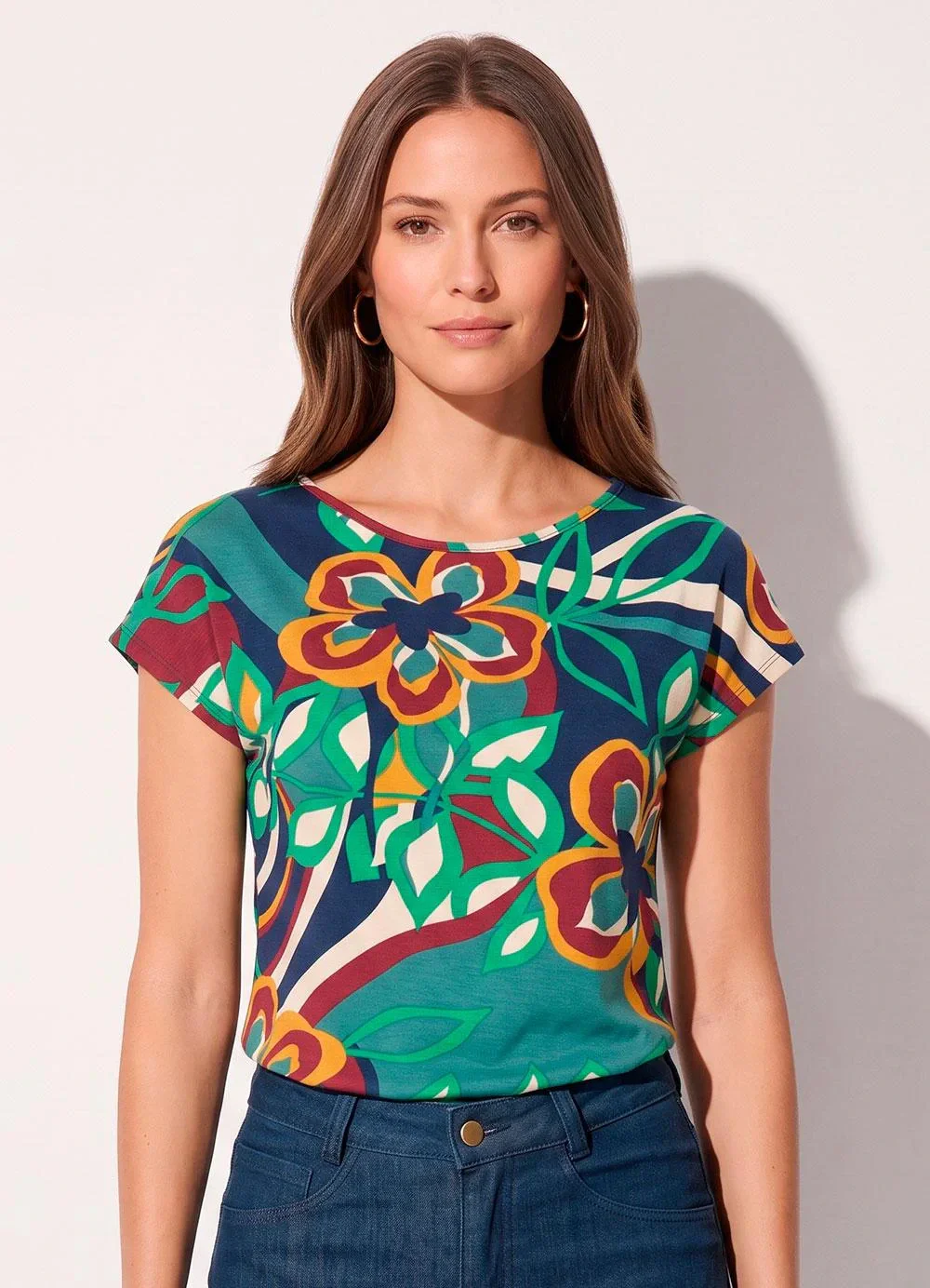 Quintess - Blusa com Mangas Curtas Floral Azul