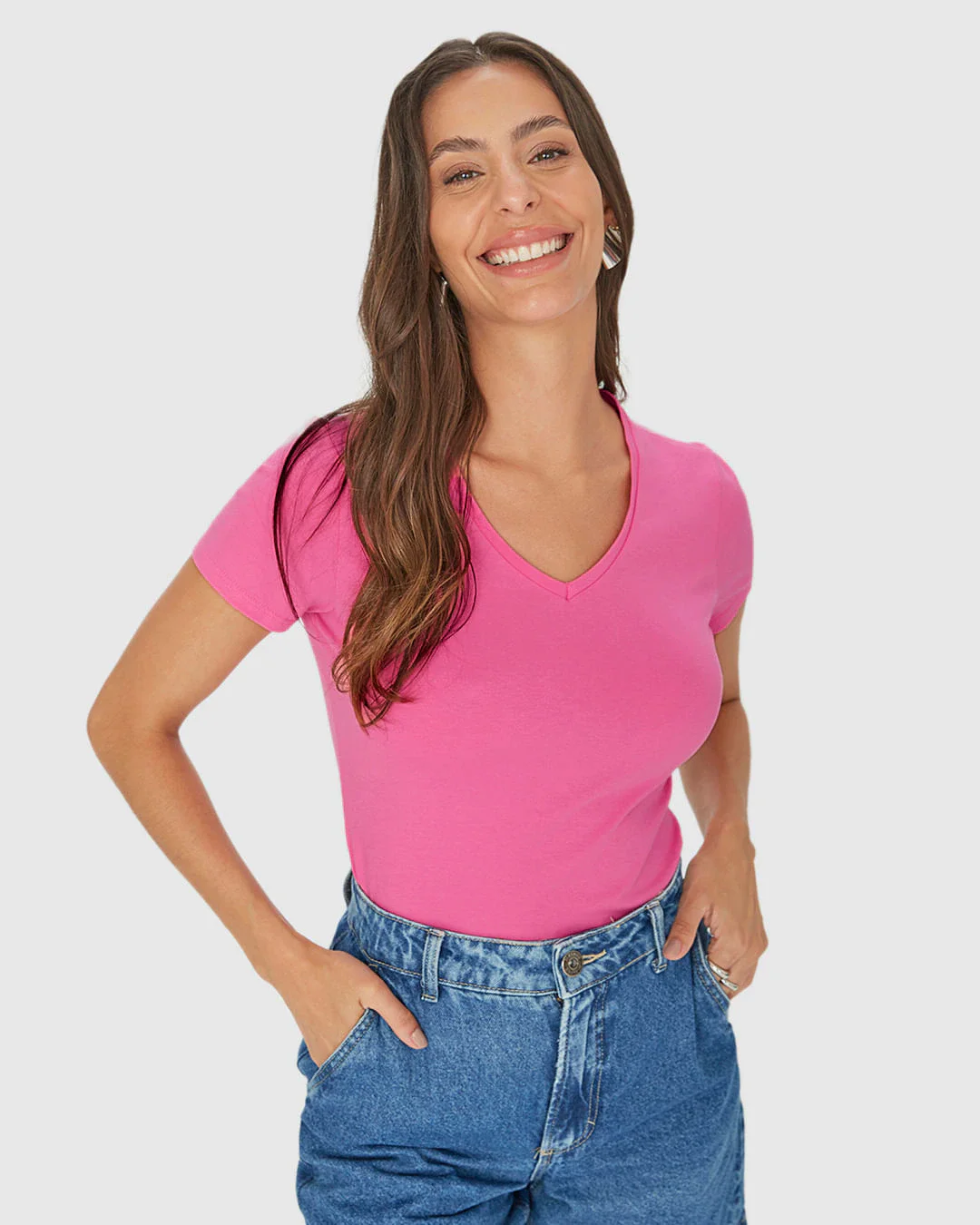Camiseta Básica Feminina Decote V Em Algodão