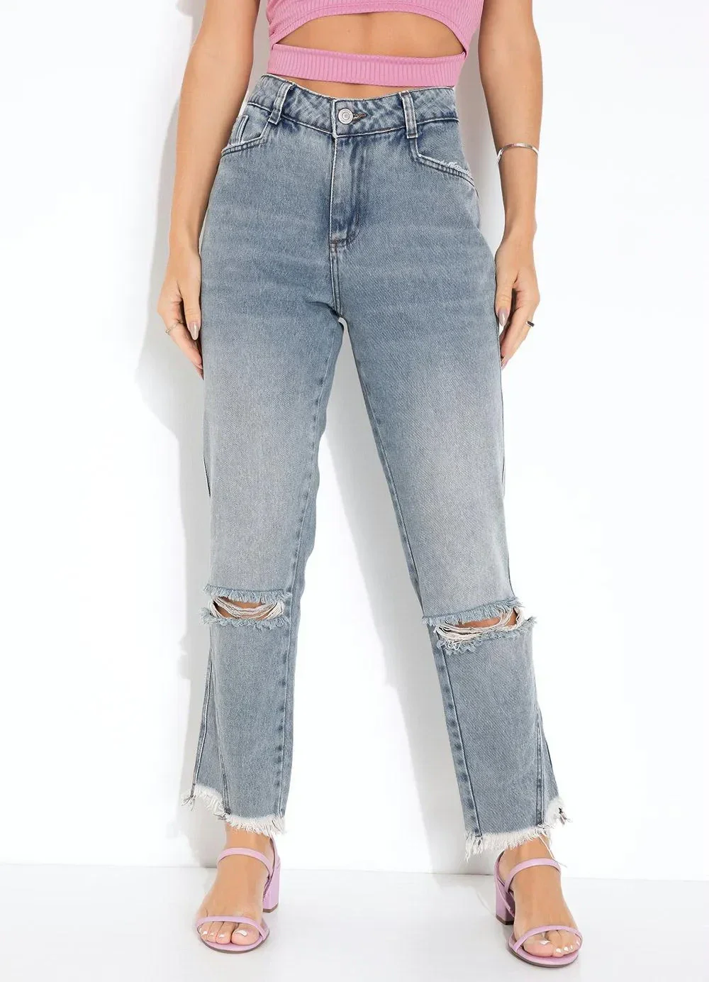 Sawary Jeans - Calça Jeans Reta Efeito Destroyed Sawary