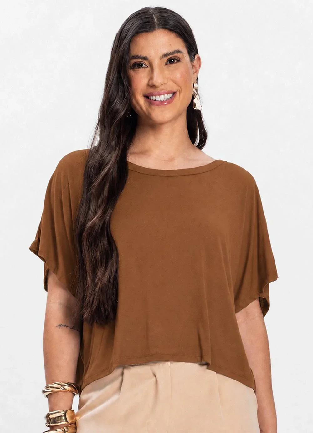 Rovitex - Blusa Feminina com Manga Morcego Marrom