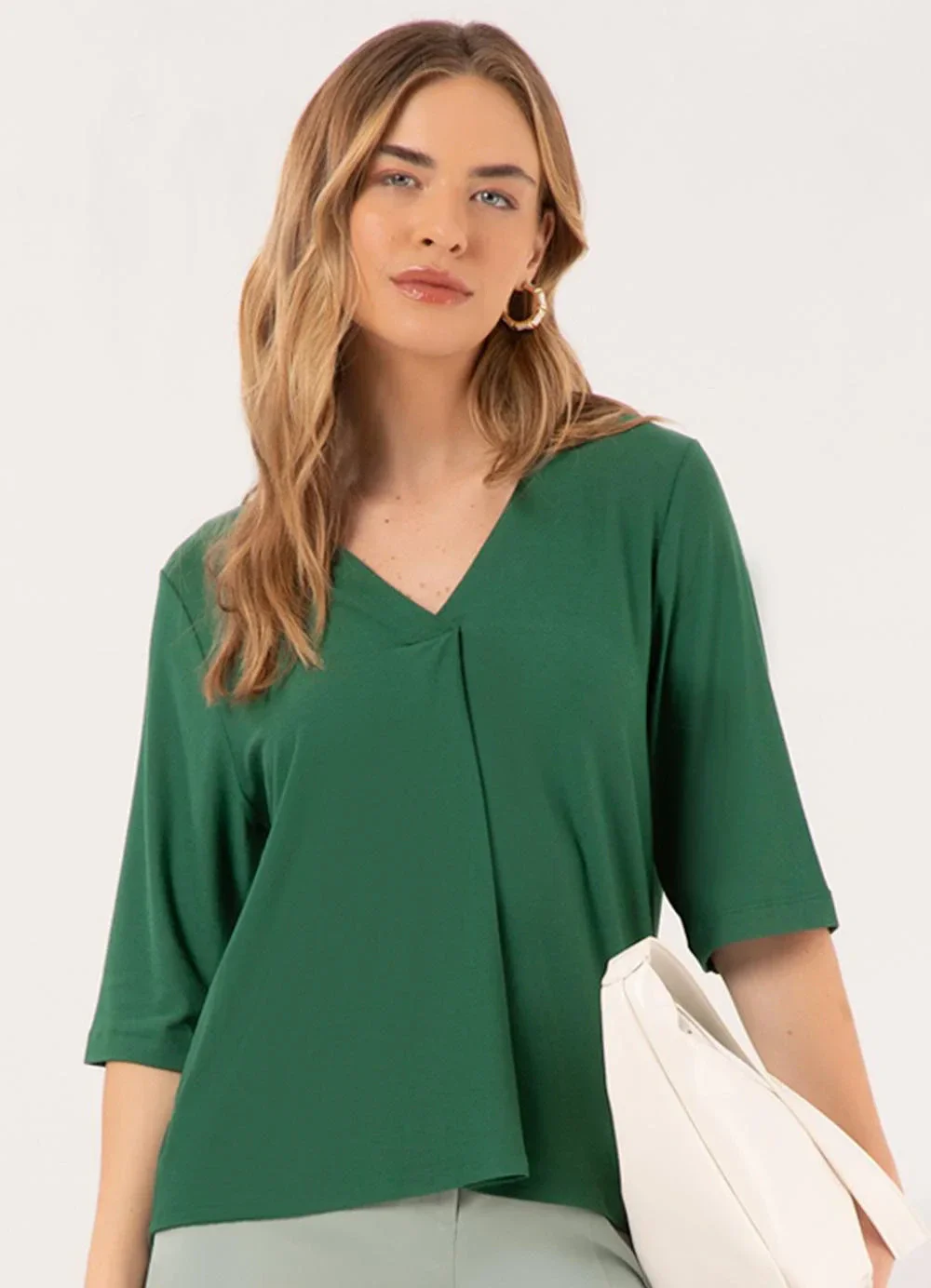 Lunender - Blusa com Decote em V e Mangas 3/4 Crepe Verde