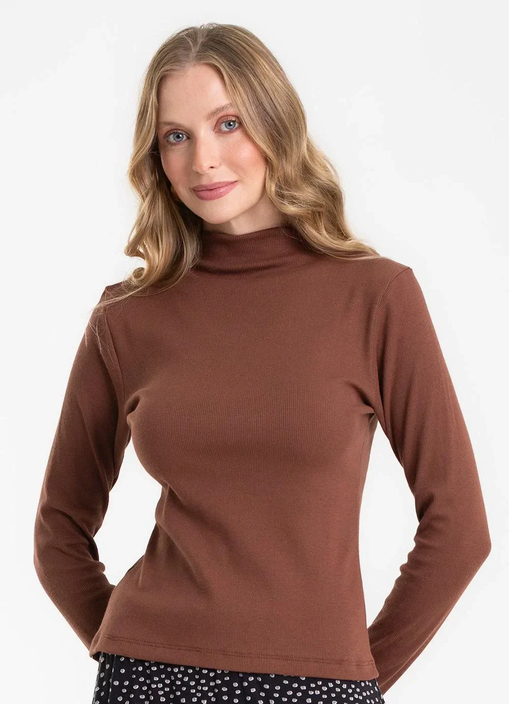 Rovitex - Blusa Manga Longa Ribana Básica Marrom
