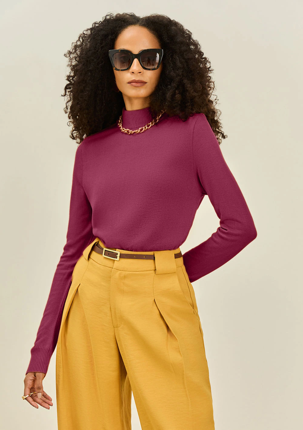 Blusa Maria.Valentina Ajustada Gola Alta Manga Longa Padrão Rosa
