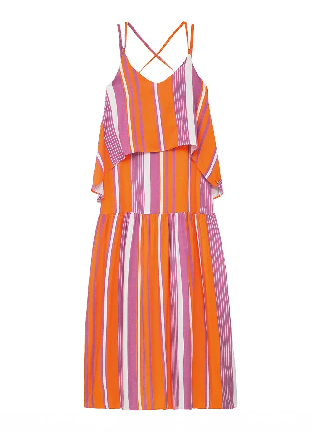 Enfim - Vestido Longo Amplo Listrado em Viscose Laranja