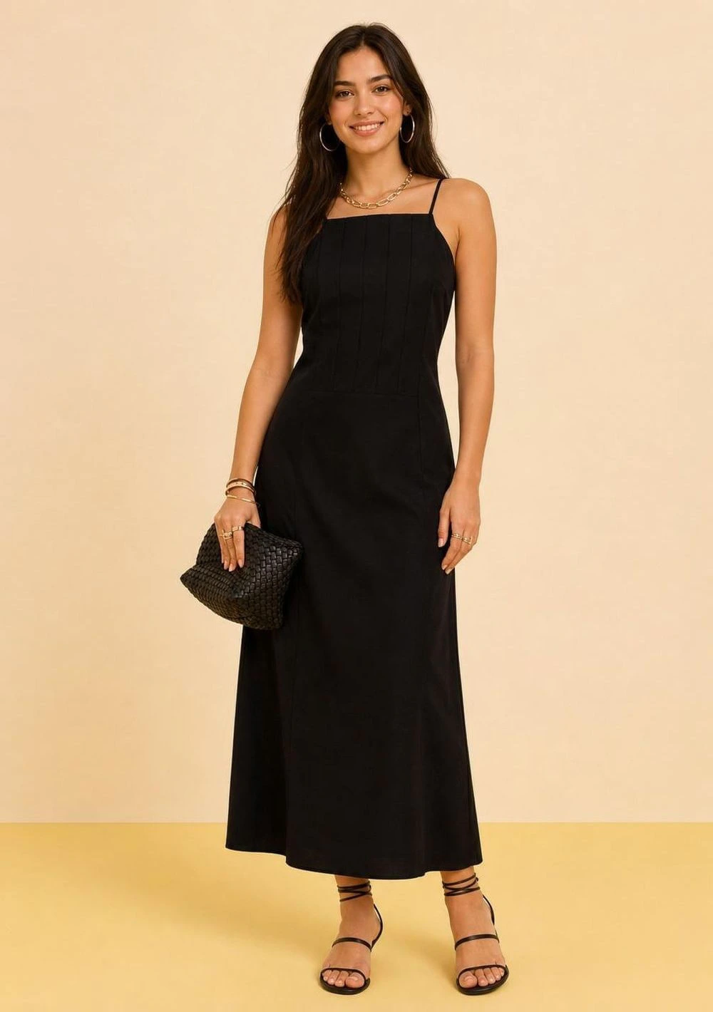 Vestido Zinco Solto Decote Reto Com Alça Longo Preto