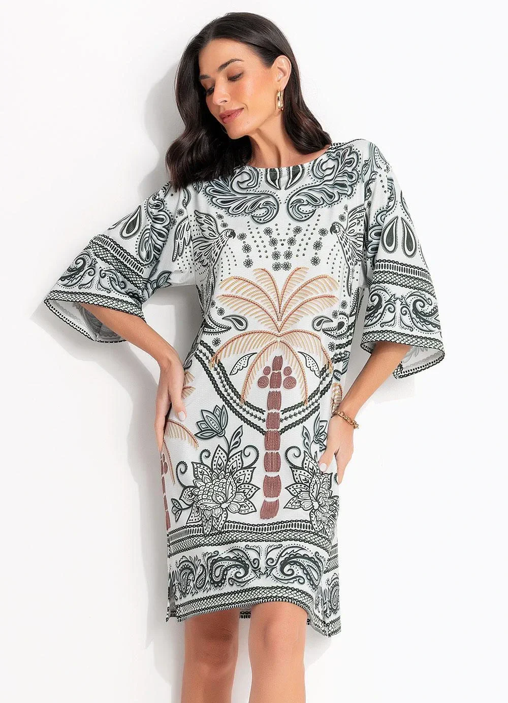 Quintess - Vestido Barrado Tropical Verde em Malha Fria
