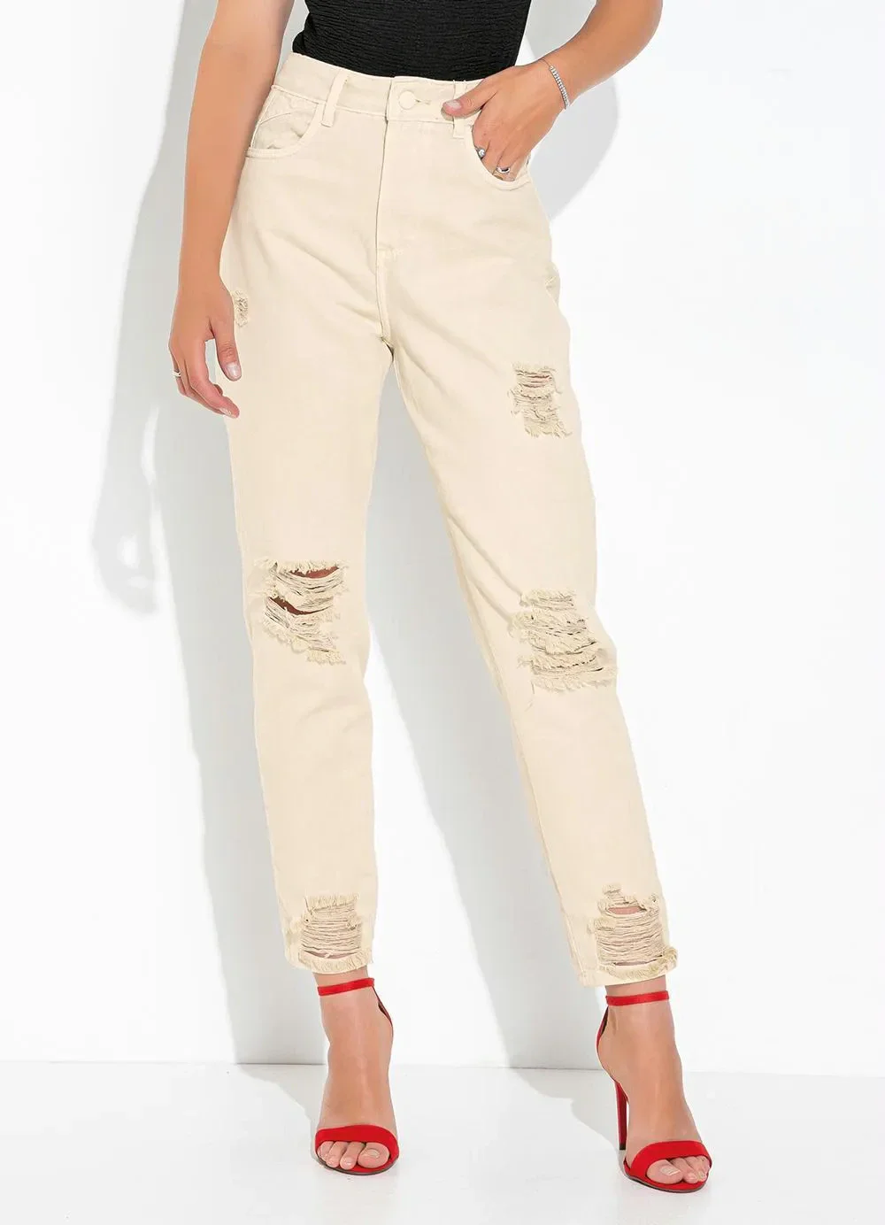 Sawary Jeans - Calça Branco Areia Mom Jeans