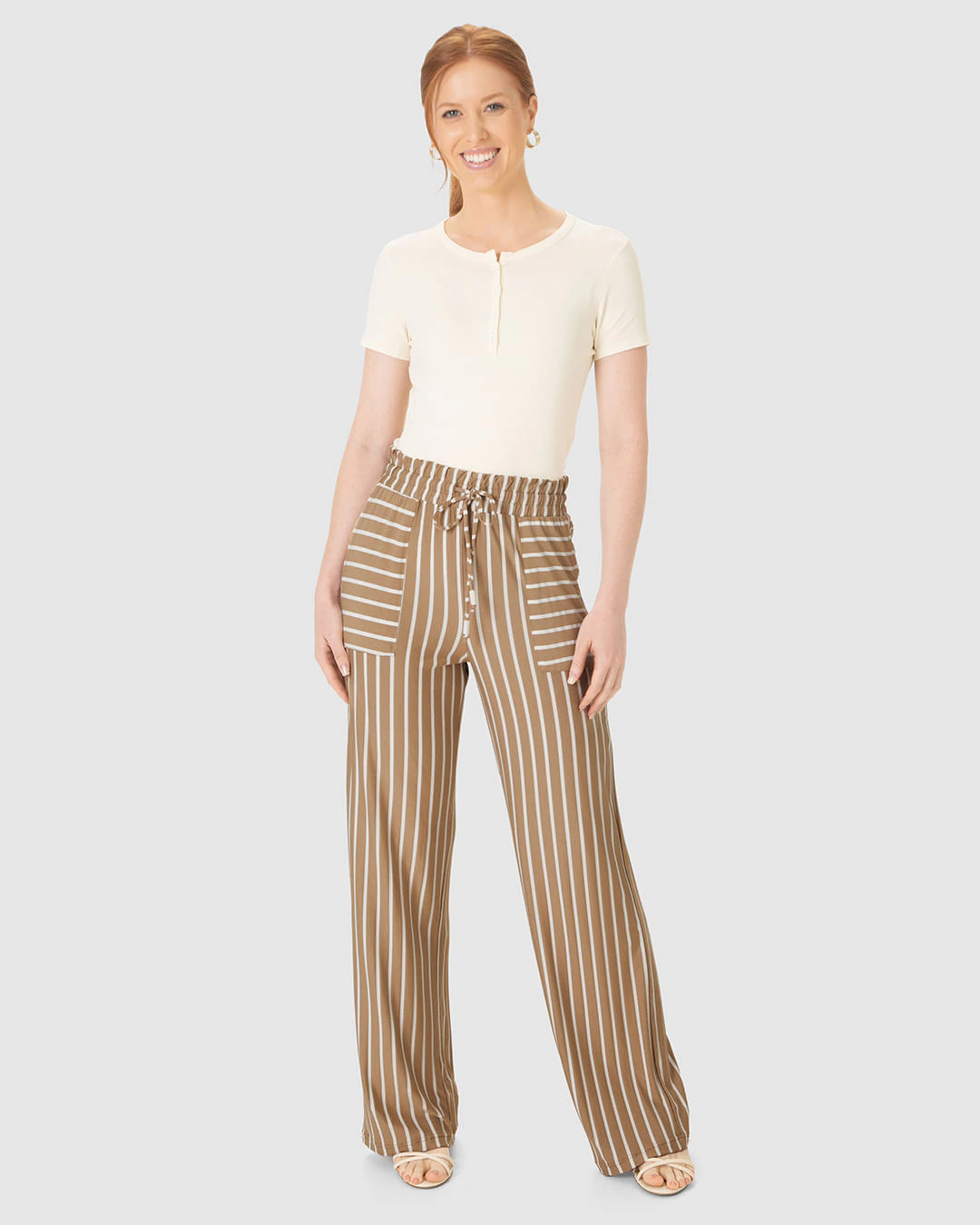 Calça Wide Leg Feminina Bolso Frontal Em Malha Viscose Listrada