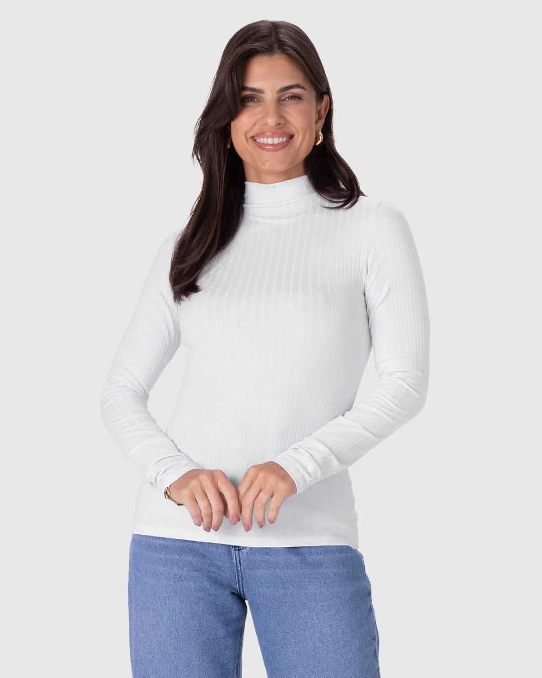 Blusa Básica Feminina Gola Alta Em Malha Canelada De Viscose