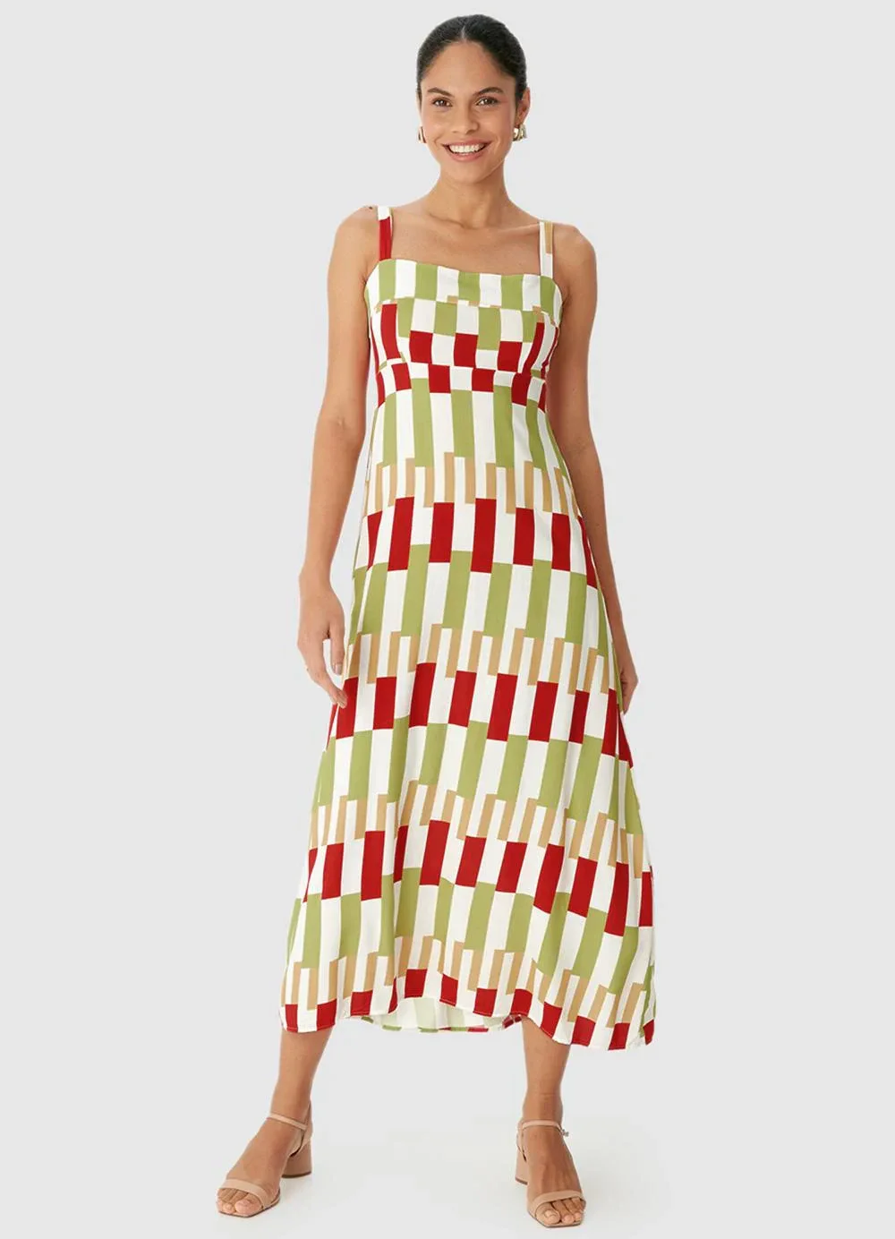 Malwee - Vestido Mídi Geométrico em Viscose Vermelho