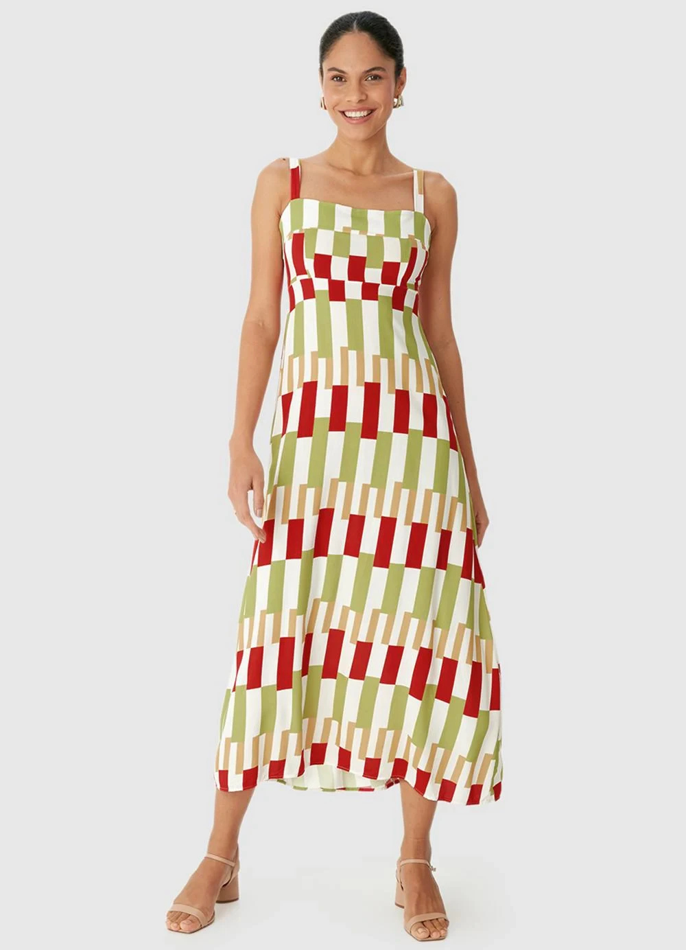 Malwee - Vestido Mídi Geométrico em Viscose Vermelho