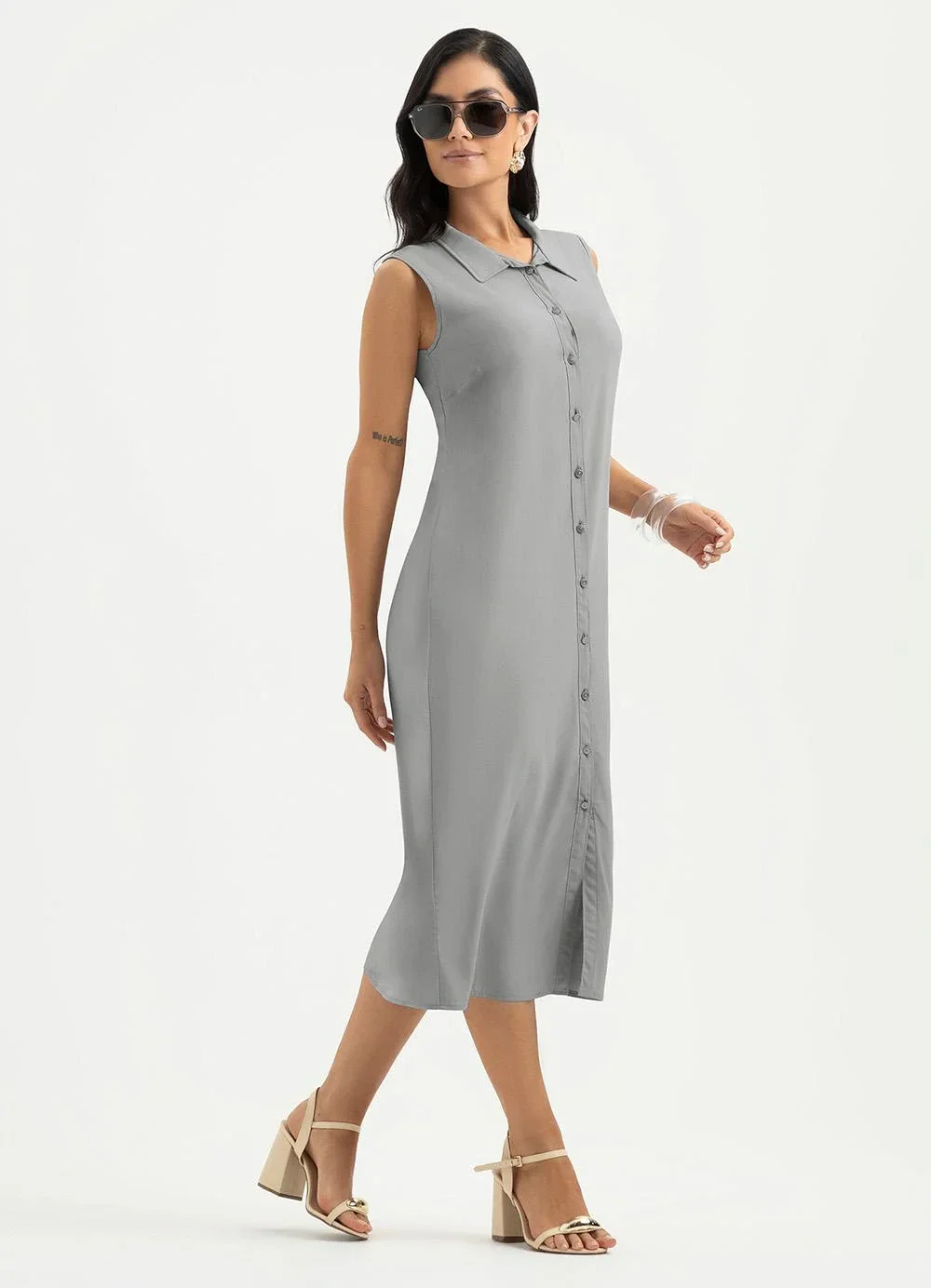 Cativa - Vestido Midi em Viscose Cinza